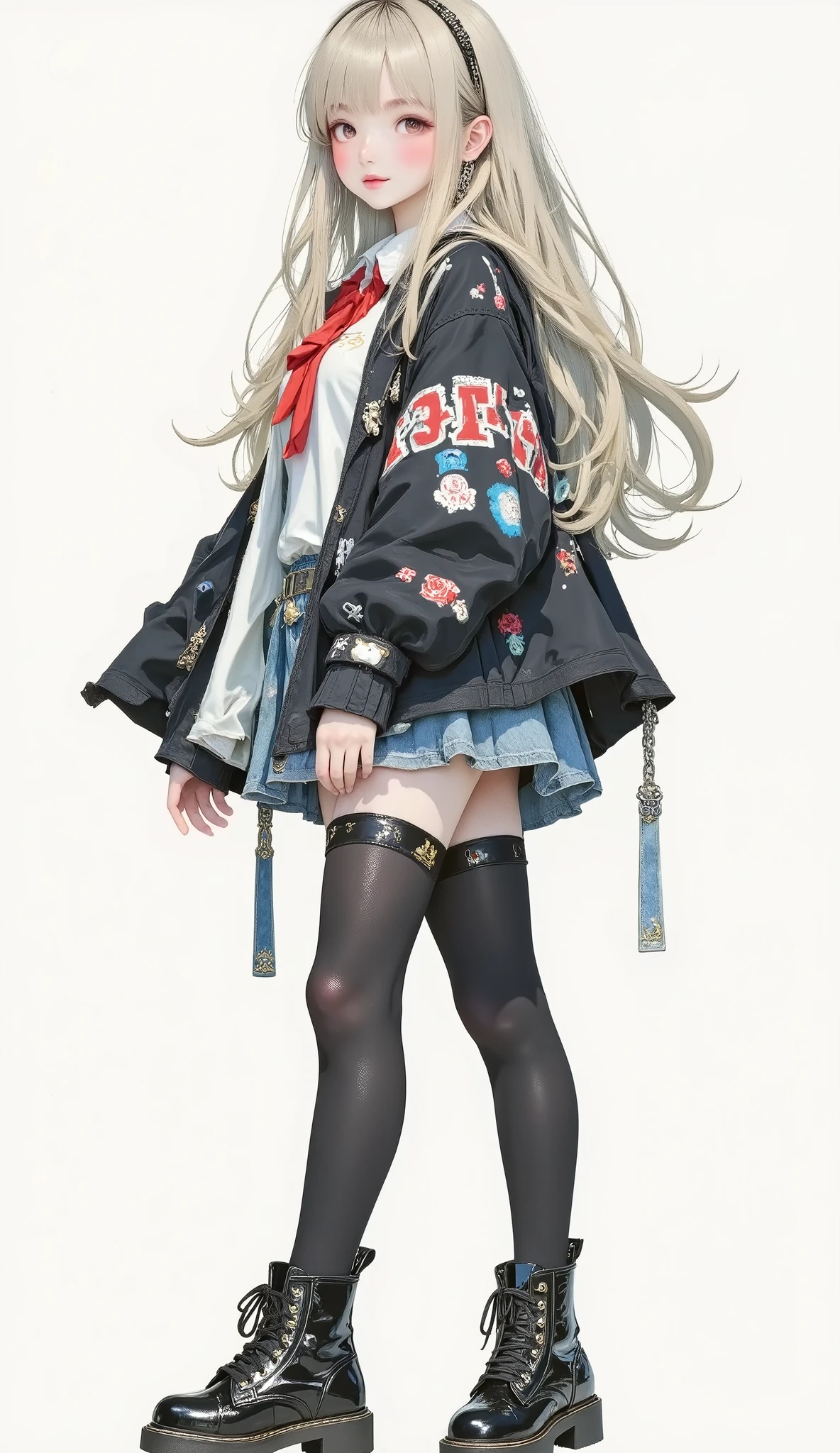 8k , Highest Quality , masterpiece , (Super Detailed) , (Very Detailed Skin) , flat color , artist:Aqua Co ., Co., Ltd. .., artist:Edoya Inuhachi , artist:reoen , artist: Fujichoko , 8k , Highest Quality , masterpiece , (Super Detailed) , (Very Detailed Skin) , flat color , full body , full shot , full of personality , watch viewers , (solo:1 . 2) , simple background , (white background:1 . 2) , (white background:1 . 1) ,, 1girl , Long Blonde Long Hair、Lovely々 apparently 、smiling expression 。 red eyes 。 Young Girl Wearing a Black School Uniform-style Cloak 。 Standing figure with white background、Confident Pose 。 black boots 。 Touching My Hair 。 Elf