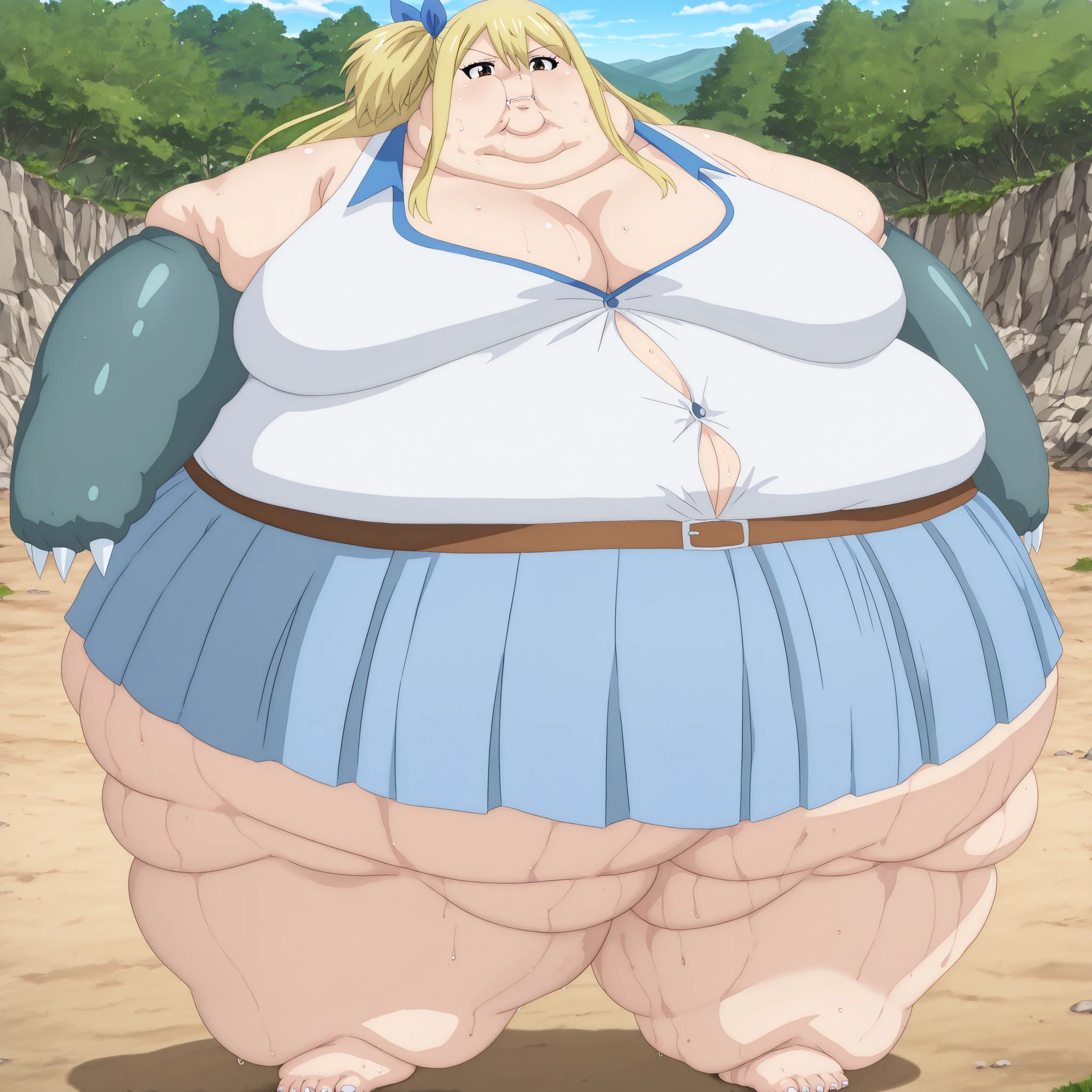 lucy heartfilia, long hair, blonde hair, brown eyes, mature female, breasts, anime screencap, skirt, ribbon, cleavage, bare shoulders, collarbone, hair ribbon, sleeveless, one side up, blue ribbon, blue skirt, pleated skirt, belt, <lora:SnorlaxPony:0.9> ,snorlax, pokemon \(creature\), no humans,closed eyes, outdoors, solo, fangs, claws, full body, two-tone skin, background, pawpads, 3 toenails, 3 toes, 5 fingers,, blank_stare, empty_stare,  fat, chubby, obese, gigantic arms and legs, large breasts, sweating, wet body, swollen face, Fat_neck , Fat head , eyes with crushed cheeks , nose with crushed cheeks , mouth with crushed cheeks , chin roll,
only head, large head, oversized limbs, large hands, large feet, oversized feet, oversized fingers, big lips, plump lips, fat face, fupa, big fupa, fat fupa,  