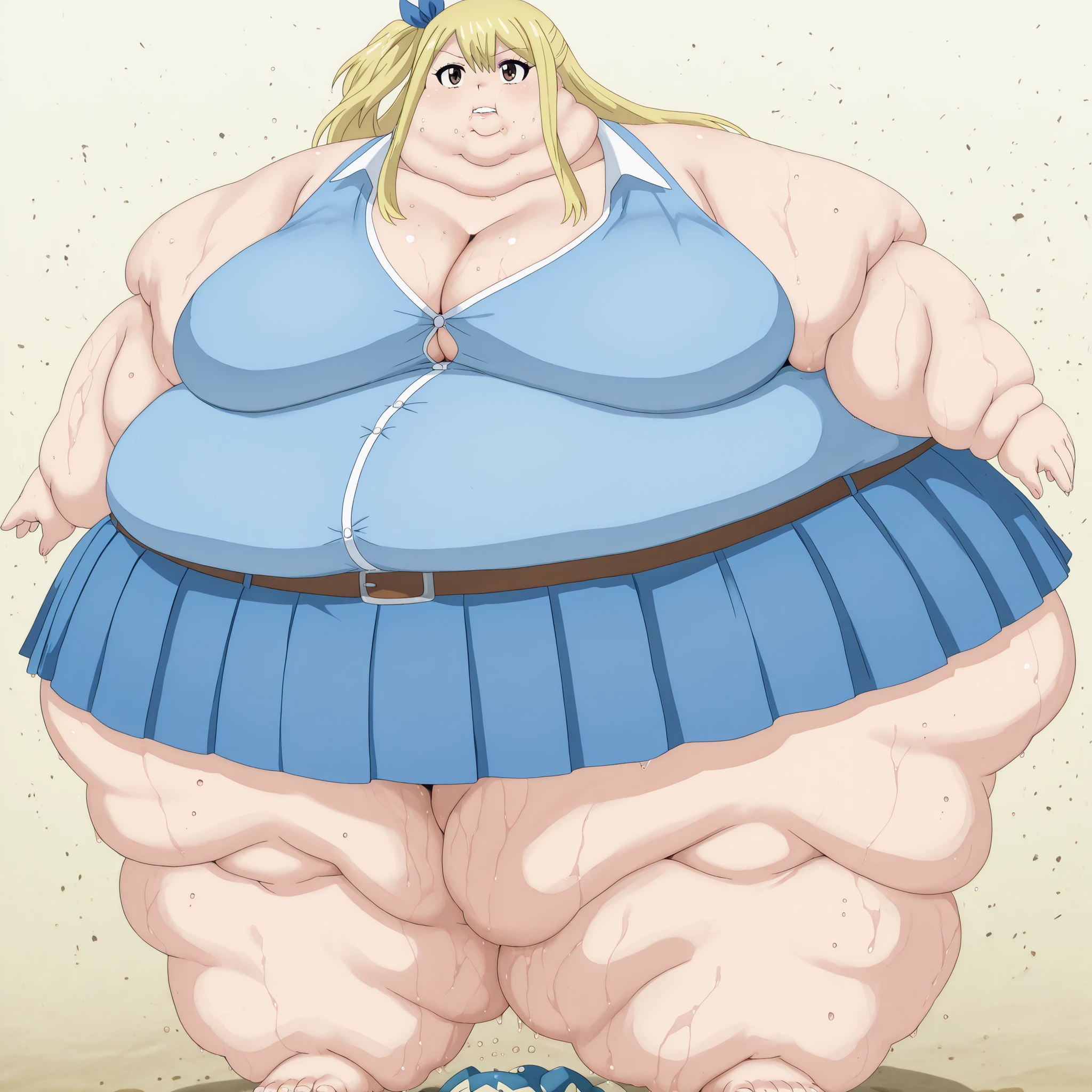 lucy heartfilia, long hair, blonde hair, brown eyes, mature female, breasts, anime screencap, skirt, ribbon, cleavage, bare shoulders, collarbone, hair ribbon, sleeveless, one side up, blue ribbon, blue skirt, pleated skirt, belt, snorlax, pokémon (creature), blue body, eyes closed, teeth, claws, blank_stare, empty_stare,  fat, chubby, obese, gigantic arms and legs, large breasts, sweating, wet body, swollen face, Fat_neck , Fat head , eyes with crushed cheeks , nose with crushed cheeks , mouth with crushed cheeks , chin roll,
only head, large head, oversized limbs, large hands, large feet, oversized feet, oversized fingers, big lips, plump lips, fat face, fupa, big fupa, fat fupa,  