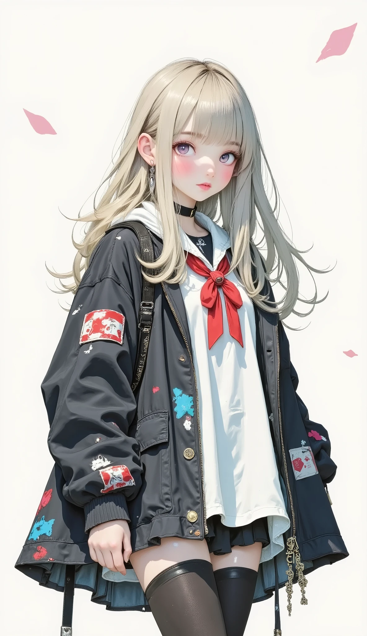 8k , Highest Quality , masterpiece , (Super Detailed) , (Very Detailed Skin) , flat color , artist:Aqua Co ., Co., Ltd. .., artist:Edoya Inuhachi , artist:reoen , artist: Fujichoko , 8k , Highest Quality , masterpiece , (Super Detailed) , (Very Detailed Skin) , flat color , full body , full shot , full of personality , watch viewers , (solo:1 . 2) , simple background , (white background:1 . 2) , (white background:1 . 1) ,, 1girl , Long Blonde Long Hair、Lovely々 apparently 、smiling expression 。 red eyes 。 Young Girl Wearing a Black School Uniform-style Cloak 。 Standing figure with white background、Confident Pose 。 black boots 。 Touching My Hair 。 Elf