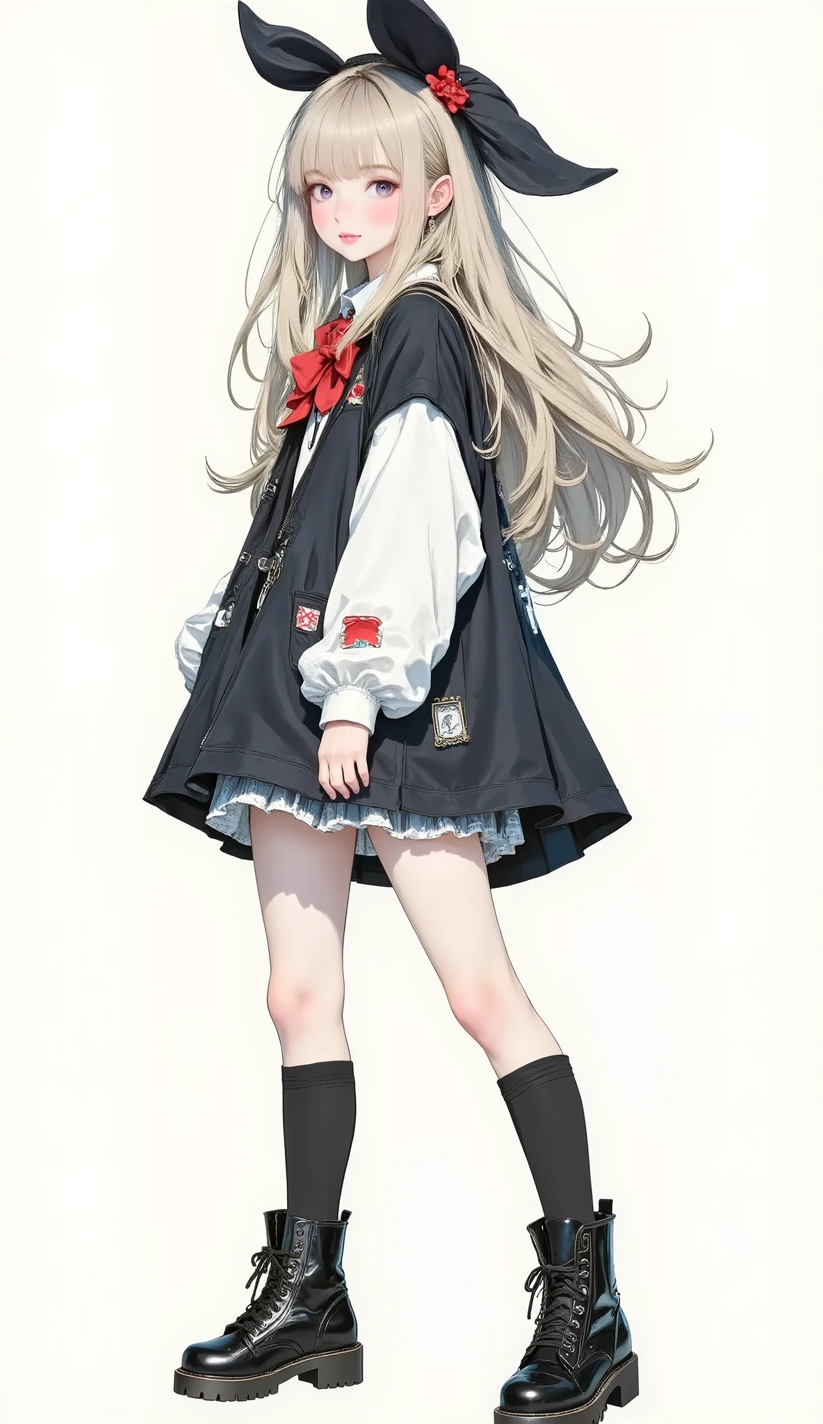 8k , Highest Quality , masterpiece , (Super Detailed) , (Very Detailed Skin) , flat color , artist:Aqua Co ., Co., Ltd. .., artist:Edoya Inuhachi , artist:reoen , artist: Fujichoko , 8k , Highest Quality , masterpiece , (Super Detailed) , (Very Detailed Skin) , flat color , full body , full shot , full of personality , watch viewers , (solo:1 . 2) , simple background , (white background:1 . 2) , (white background:1 . 1) ,, 1girl , Long Blonde Long Hair、Lovely々 apparently 、smiling expression 。 red eyes 。 Young Girl Wearing a Black School Uniform-style Cloak 。 Standing figure with white background、Confident Pose 。 black boots 。 Touching My Hair 。 Elf