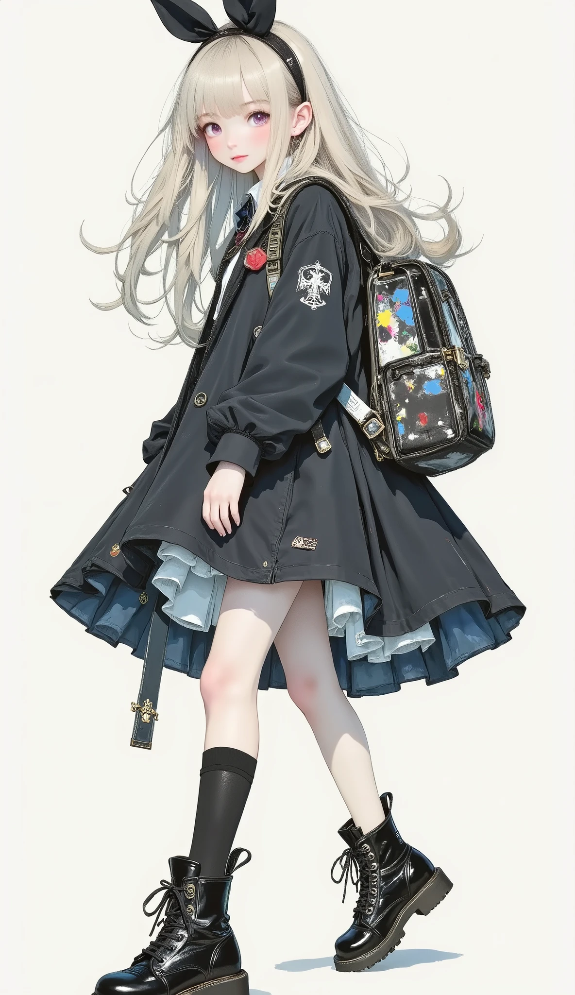 8k , Highest Quality , masterpiece , (Super Detailed) , (Very Detailed Skin) , flat color , artist:Aqua Co ., Co., Ltd. .., artist:Edoya Inuhachi , artist:reoen , artist: Fujichoko , 8k , Highest Quality , masterpiece , (Super Detailed) , (Very Detailed Skin) , flat color , full body , full shot , full of personality , watch viewers , (solo:1 . 2) , simple background , (white background:1 . 2) , (white background:1 . 1) ,, 1girl , Long Blonde Long Hair、Lovely々 apparently 、smiling expression 。 red eyes 。 Young Girl Wearing a Black School Uniform-style Cloak 。 Standing figure with white background、Confident Pose 。 black boots 。 Touching My Hair 。 Elf