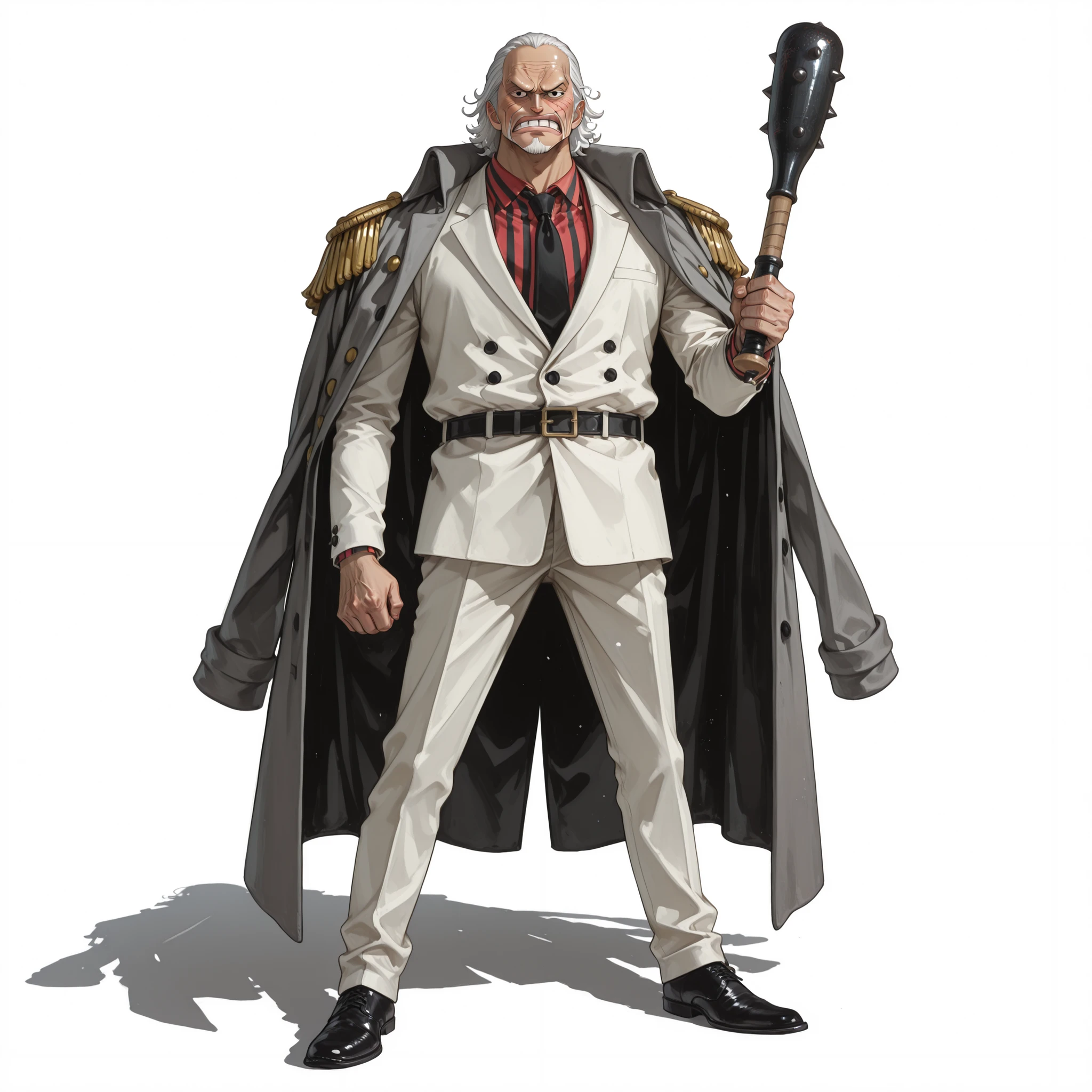(male), (old man), (spiky white hair), (goatee), (black eyes), (angry face), (standing pose), (solo), (single character), (full body version), (white background), (no background), (highly detailed), (shadow), (natural light), (detailed outfit), (detailed hand), (detailed face), (detailed hair)
Wearing a grey justice coat draped over the shoulders with golden epaulets, striped yellow and red formal suit, black tie, white formal shoes, holding a iron Baseball stick in one hand. (One piece style art)