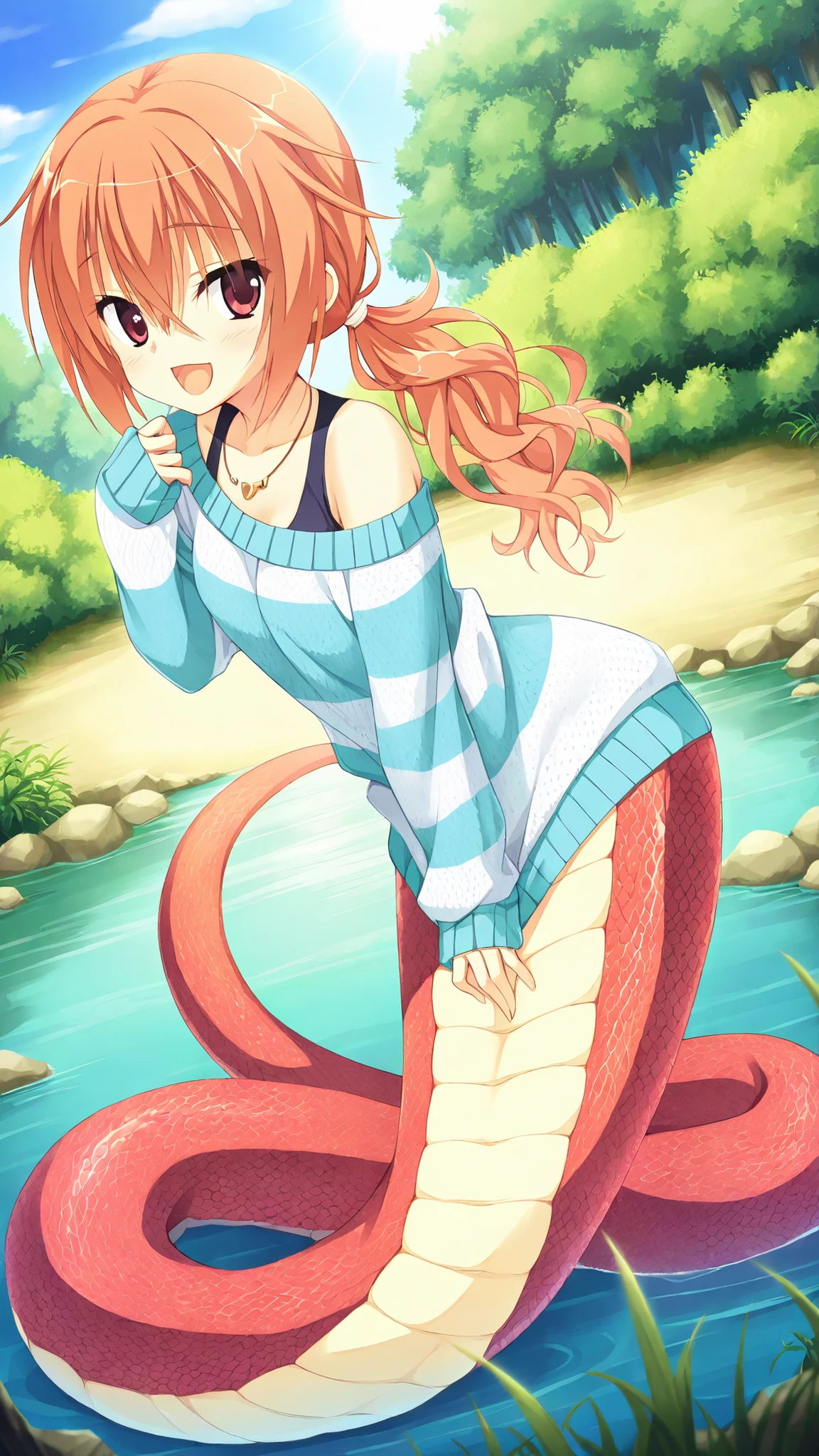 masterpiece,best quality,Amazing Quality,Game CG, inaba meguru,
meguru_daily,Long hair,Orange hair ,red eyes,
low ponytail, Jewelry Necklace,Striped Sweater,sleeves over wrists,Off Shoulder,lamia,cute,The lower half of the body is orange snake tail,
Off Shoulder, blue sky, forest,Soft sun,pond, 在pond里,Gentle Breeze,Smile,open mouth, 1 girl,Solo,Full body picture,has no legs,masterpiece after sex,性爱后的masterpiece after sex