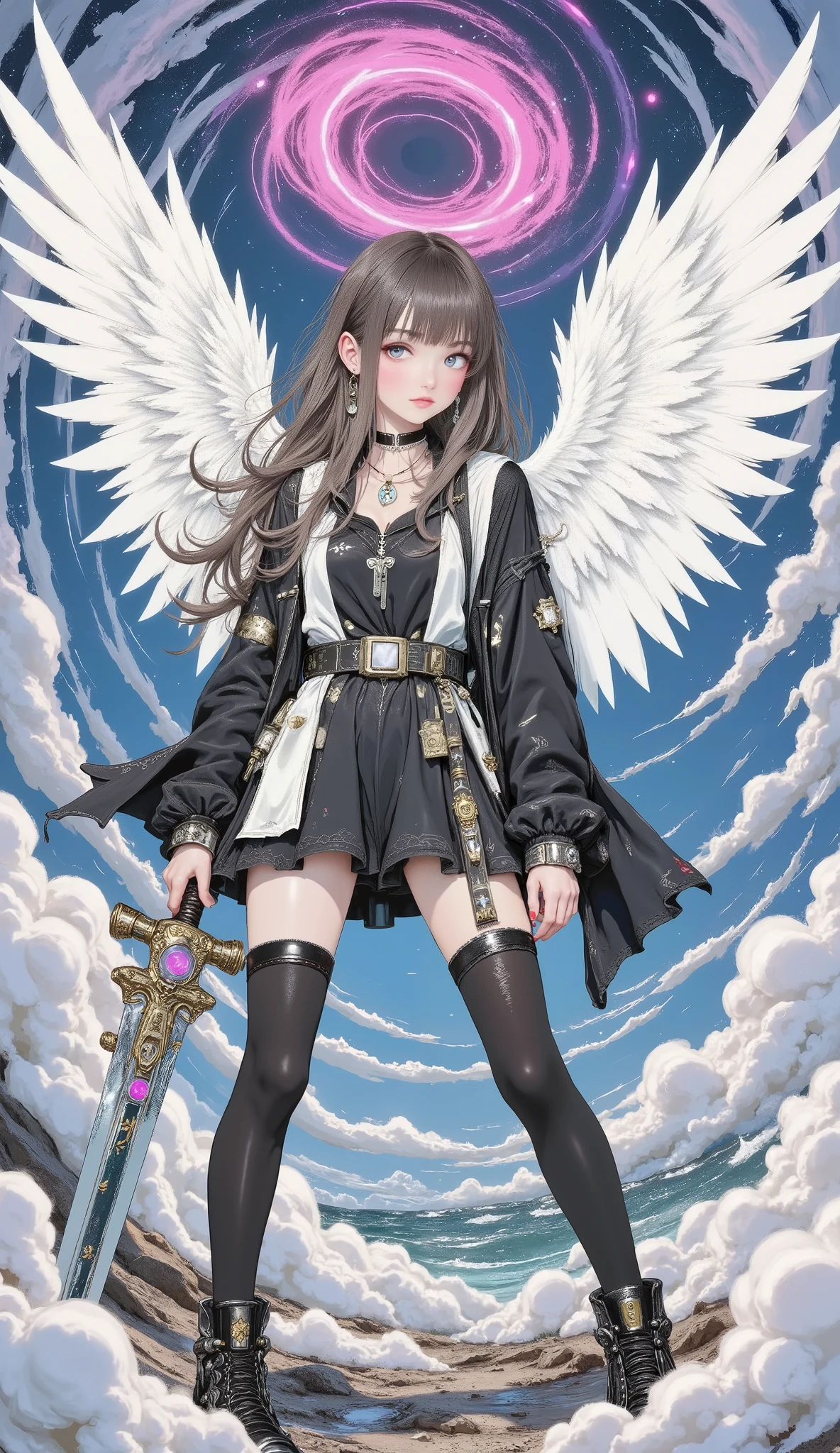 beautiful 8K resolution masterpiece equipped with a large sword , shows a female character standing in a scene with the sky in the background , A 。 Dynamic lighting combined with flat colors、that cleverly blends contrasting styles 。