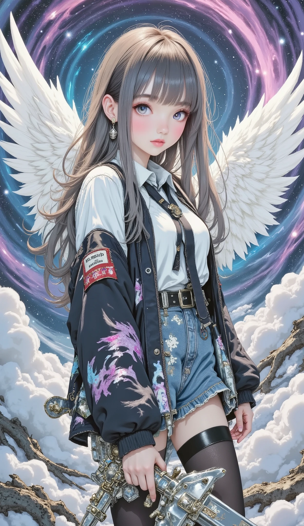 beautiful 8K resolution masterpiece equipped with a large sword , shows a female character standing in a scene with the sky in the background , A 。 Dynamic lighting combined with flat colors、that cleverly blends contrasting styles 。