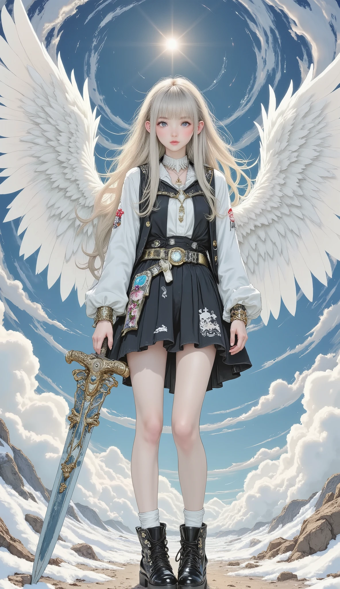 beautiful 8K resolution masterpiece equipped with a large sword , shows a female character standing in a scene with the sky in the background , A 。 Dynamic lighting combined with flat colors、that cleverly blends contrasting styles 。