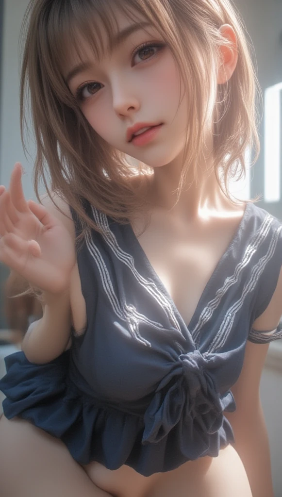 masterpiece、8K、32K、highest quality、(Detailed both eyes)、(cute japanese woman、bangs:1.3)、23 years old、1 girl、elegant、(plaid mini skirt、White shirt collar:1.4)、(School、classroom:1.2)、sunset、(huge cleavage:1.2)、sit、(Low - Angle、Angle of looking up:1.2)、cheerful