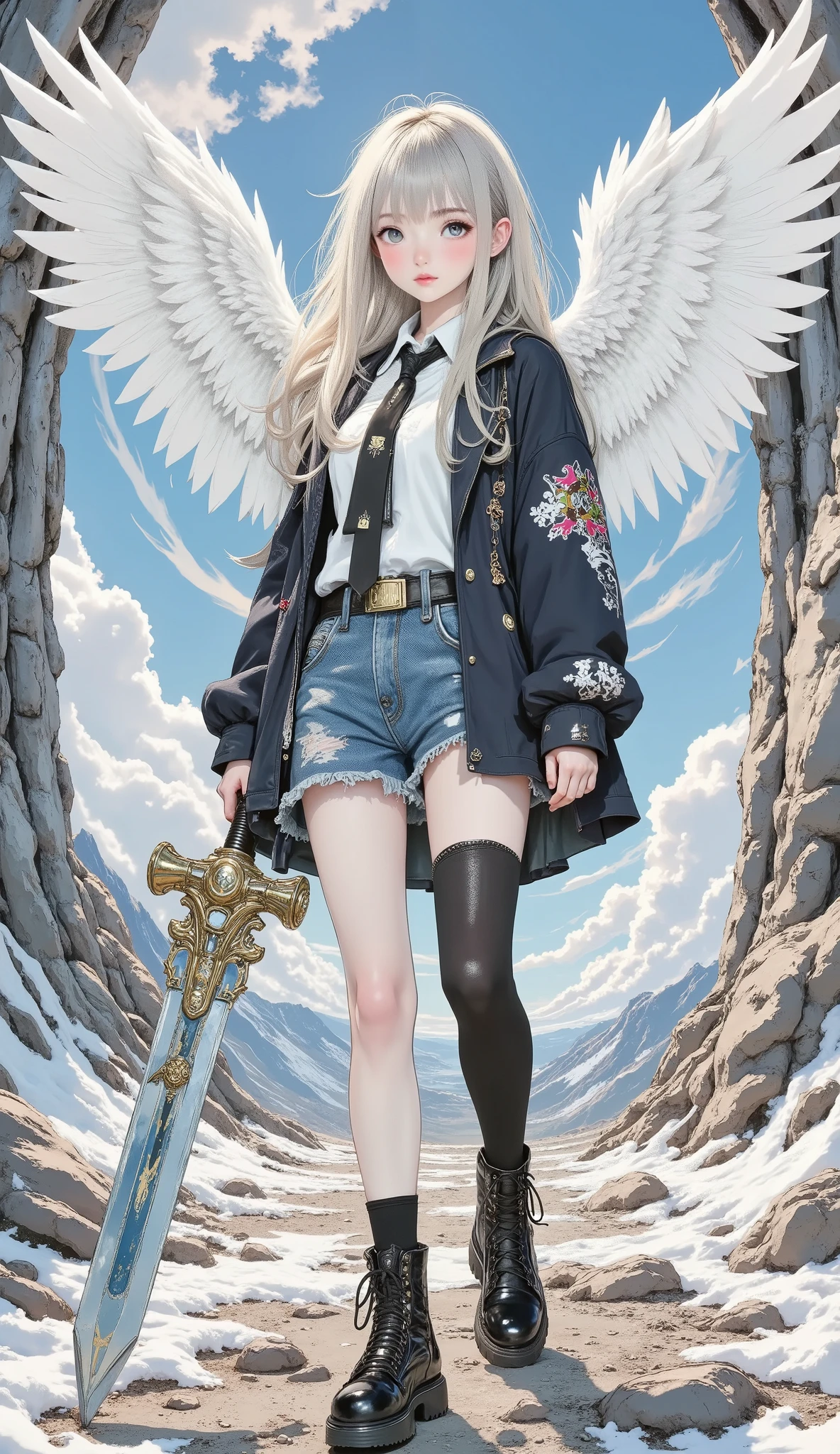 beautiful 8K resolution masterpiece equipped with a large sword , shows a female character standing in a scene with the sky in the background , A 。 Dynamic lighting combined with flat colors、that cleverly blends contrasting styles 。