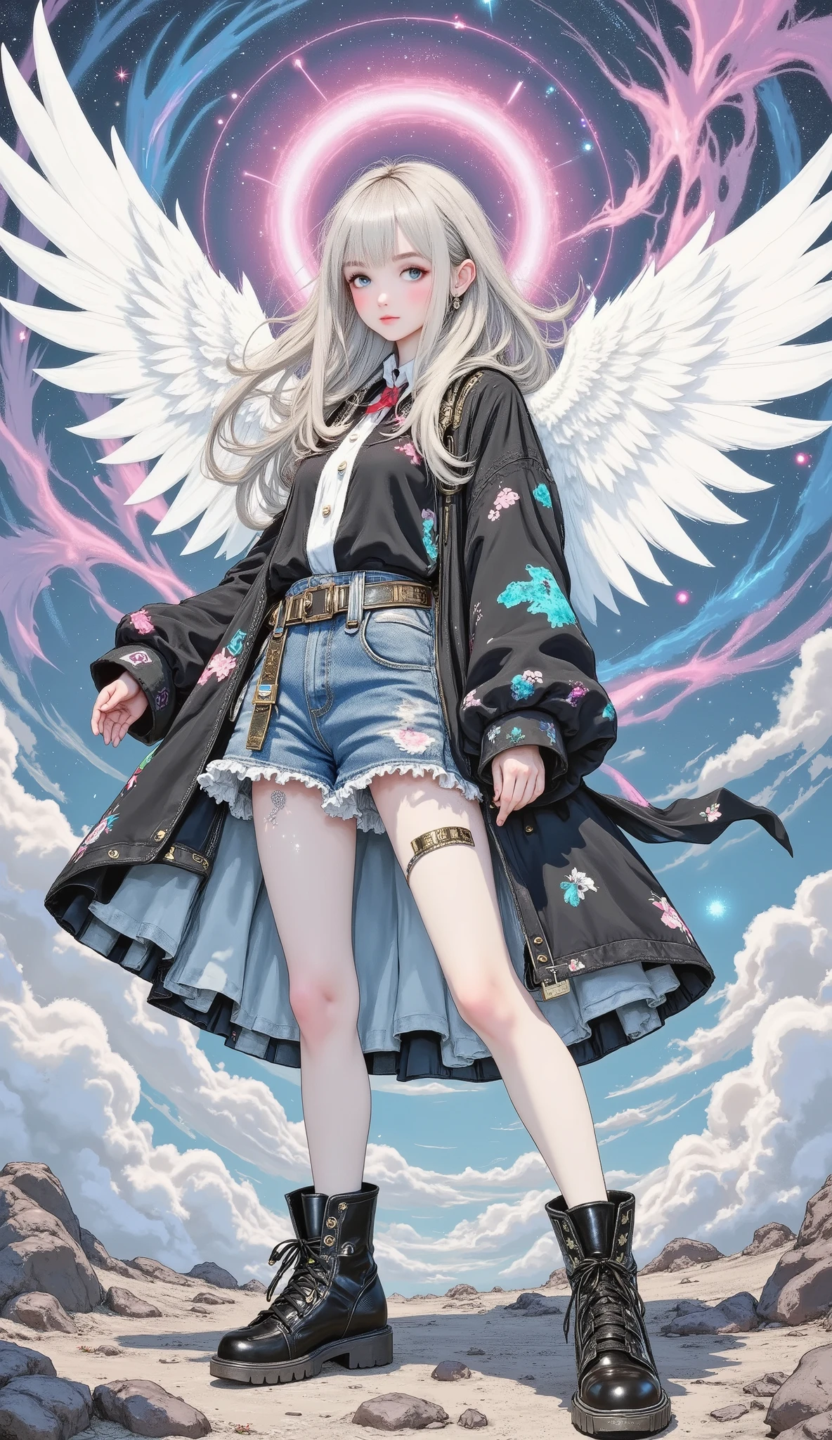 beautiful 8K resolution masterpiece equipped with a large sword , shows a female character standing in a scene with the sky in the background , A 。 Dynamic lighting combined with flat colors、that cleverly blends contrasting styles 。