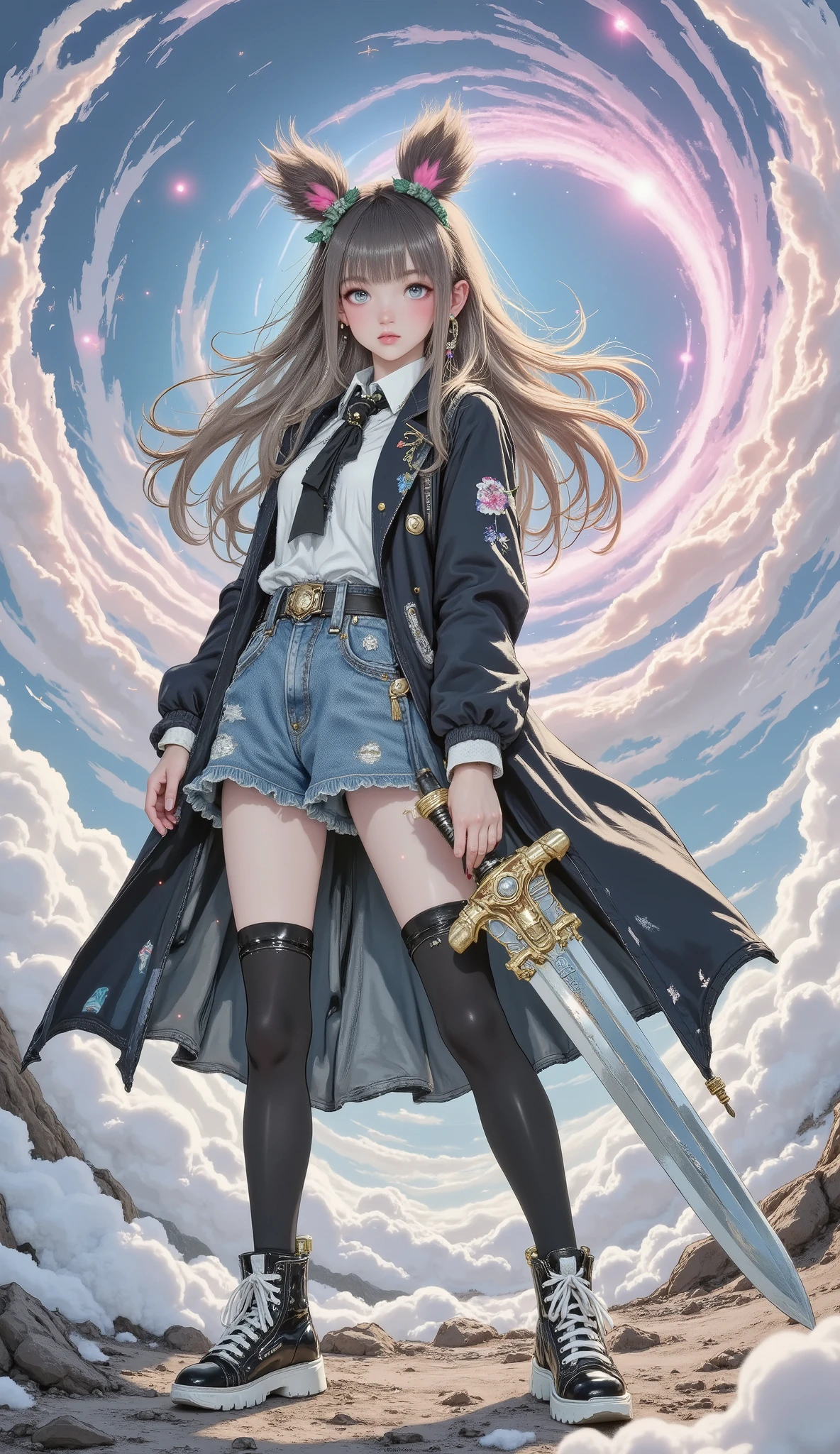beautiful 8K resolution masterpiece equipped with a large sword , shows a female character standing in a scene with the sky in the background , A 。 Dynamic lighting combined with flat colors、that cleverly blends contrasting styles 。
