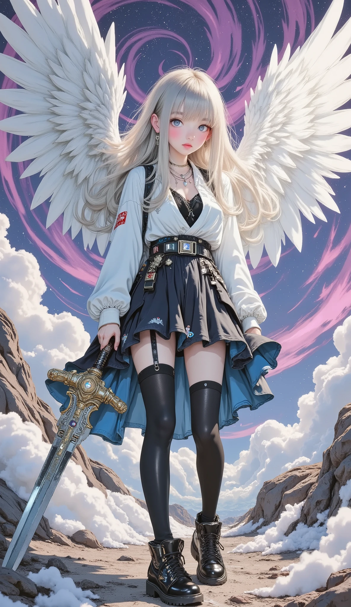beautiful 8K resolution masterpiece equipped with a large sword , shows a female character standing in a scene with the sky in the background , A 。 Dynamic lighting combined with flat colors、that cleverly blends contrasting styles 。
