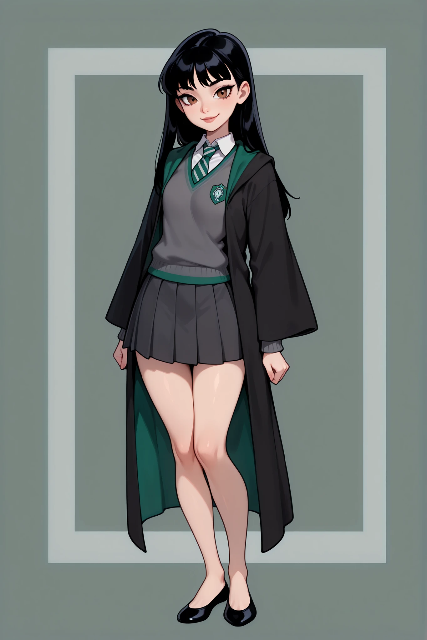 score_9, score_8_up, score_7_up, best quality, masterpiece, 4k resolution, 1girl, solo, youthful, beautiful, full body, long straight hair, pitch black hair, brown eyes, sharp eyes, looking at viewer, elegant posture, bare legs, smooth body, clean skin,  hogwarts uniform, slytherin, black robe, necktie, striped necktie, collared shirt, sweater, pleated skirt, grey sweater, flats, ballet shoes, black shoes, vibrant expression,