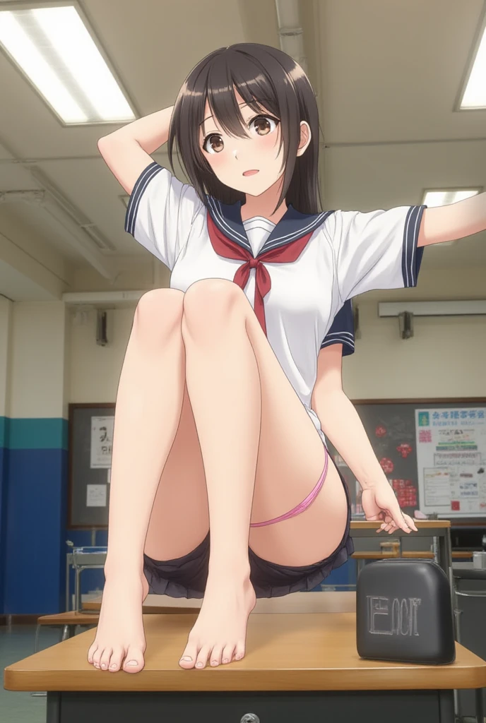 ((masterpiece, highest quality:1.2)),????,public ???、??????? ?????,POV,??????????:1.5,cowboy shot,1woman,20 year old beauty,solo,((very small head)),long hair,dark brown hair,brown eyes,blunt,((very long and slender body)),toned body,skinny,??????????????,oily skin,shiny skin,sweat:1.5,shy,tears,White bra、??????,((??????????:1.5)),navel、white_thighhighs,standing split:1.5,Colosseum、A large audience in the auditorium、