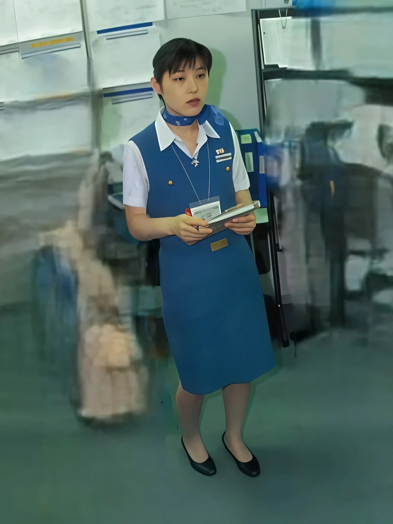 (masterpiece:1.2, Highest Quality:1.2), 32kHDR, high resolution, (Alone、1 girl)、（ daytime building rooftop 、professional lighting）、Building rooftop background、（  real style Japan Airlines System Flight Attendant Uniform Blue  ）、（（Japan Airlines System Flight Attendant Uniform Blue Jumper Skirt with Buttons on Both Chest Pockets、White Short Sleeve Blouse 、 light blue vest with waist  、Exposing a））、dark brown hair、（BORO YARD LONG HAIR、Dot-like hair、Dot-like hair）、dark brown hair、Long shot like green tea、big boobs、thin legs、（（Great hands：2.0）），（（ proportions of the body in harmony with the background of the building roof：1.5）），（（normal limbs：2.0）），（（Normal finger：2.0）），（（watch：2.0）），（（Normal eyes：2.0））)、smile、（Japan Airlines System Cabin Crew Uniform Blue Beautiful Standing Figure）、the only female、Background is a wall、
