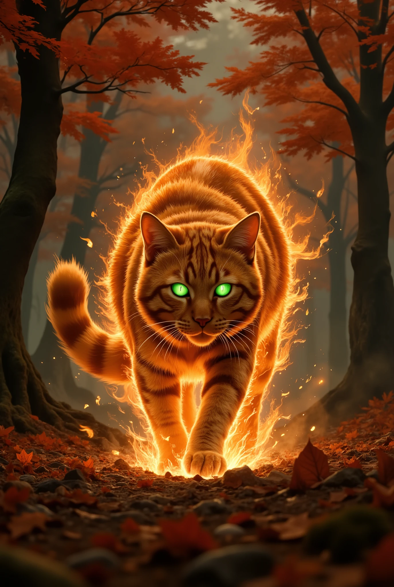 The majestic red tabby cat, wrapped in an unearthly, fiery glow, strides forward with concentration, his eyes burning with emerald light. The fur is amber in color with fiery red streaks. A lot of bright, smoldering particles, similar to embers, dance around the cat, illuminating his figure. The setting is a mystical forest with fiery red autumn leaves and dark, shady trees that create a stunning contrast. It seems that the light source is behind the cat, creating a halo effect. From a low angle, the wolf looks majestic and powerful. The overall mood is both magical and slightly menacing, with a strong sense of awe. In the center of the composition is a cat that attracts attention. The art style combines fantasy elements with an emphasis on bright colors, lighting effects and details. It resembles the aesthetics of a fantastic illustration with a touch of digital painting