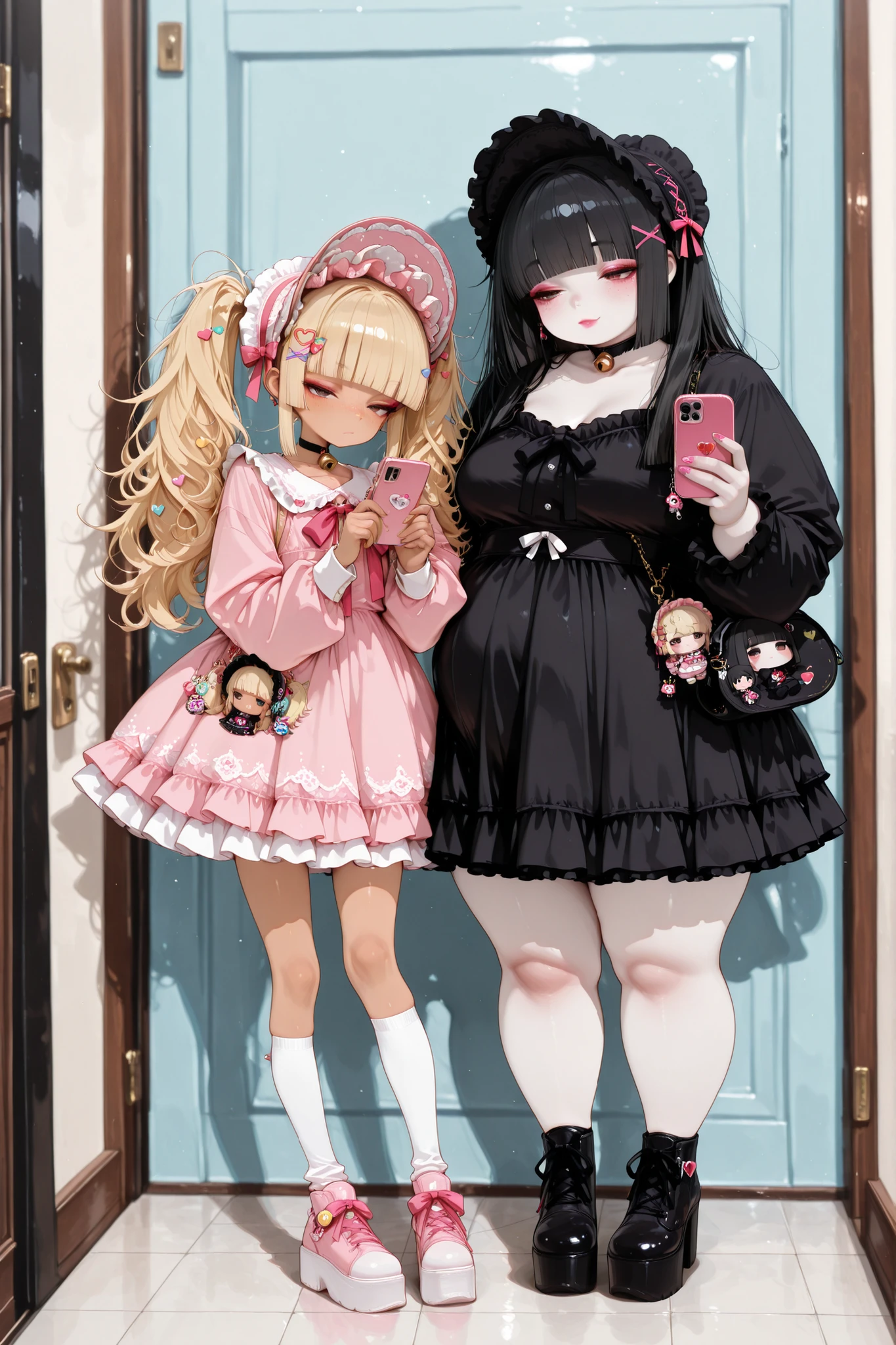 weight difference,skinny,plump,Lovely_Chu,((kawaii)), 2girls, fingernails, chubby, fat, black hair, x hair ornament, heart hair ornament, multiple hairpins, makeup, lipstick, gothic lolita, frilled dress, frills, layered dress, bonnet, headdress, huge shoes, freckles, blunt bangs, halftone, halftone texture, messy hair, twintails, full body, half-closed eyes, gyaru, bag charm, charm (object), character charm, heisei retro, choker, neck bell, holding phone, smartphone, smartphone case, smug, serious, decora, button badge, blonde hair, tan skin, pale skin,