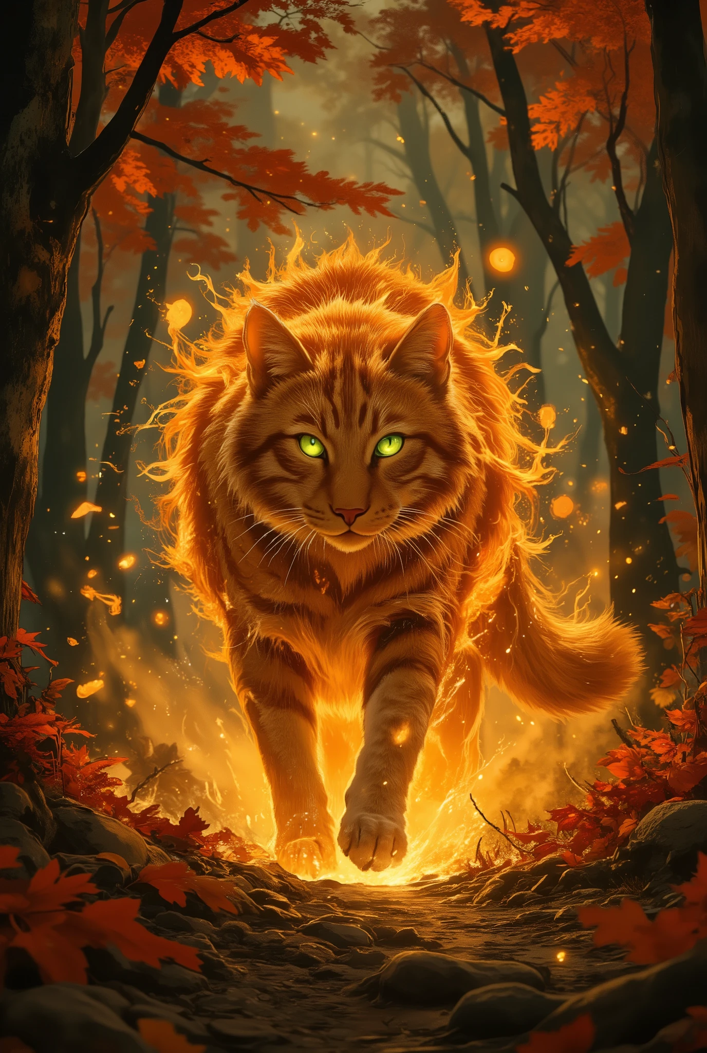 The majestic red tabby cat, wrapped in an unearthly, fiery glow, strides forward with concentration, his eyes burning with emerald light. The fur is amber in color with fiery red streaks. Hundreds of bright, smoldering particles, similar to golden fireflies, scatter around the cat with every step, illuminating his figure. The setting is a mystical forest with fiery red autumn leaves and dark, shady trees that create a stunning contrast. It seems that the light source is behind the cat, creating a halo effect. From a low angle, the wolf looks majestic and powerful. The overall mood is both magical and slightly menacing, with a strong sense of awe. In the center of the composition is a cat that attracts attention. The art style combines fantasy elements with an emphasis on bright colors, lighting effects and details. It resembles the aesthetics of a fantastic illustration with a touch of digital painting
