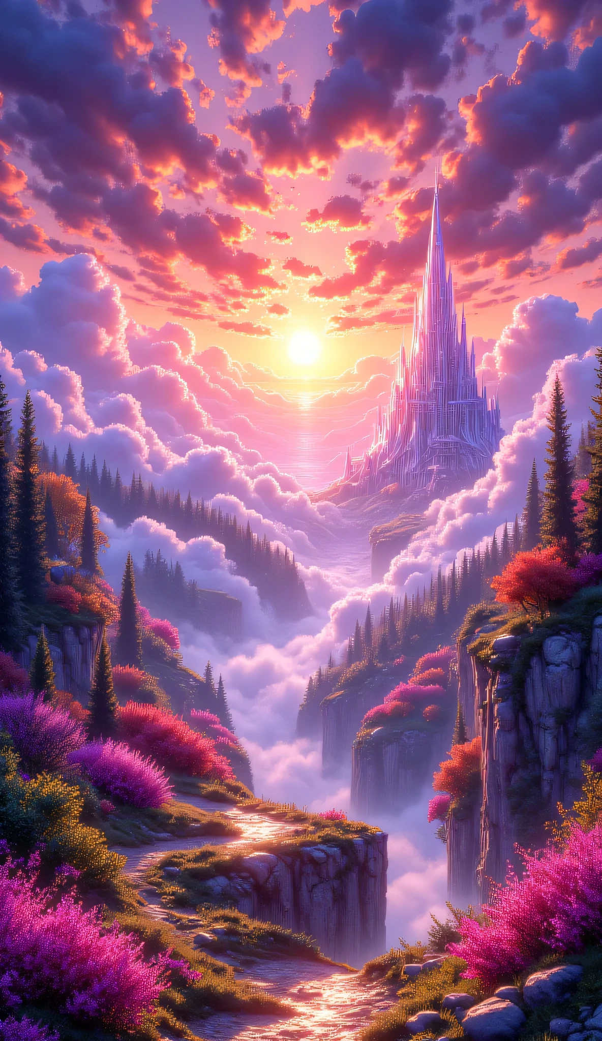 fantastic anime-style fantasy landscape scenery, dream-kissed majestic ecstasy looking at the glorified horizon where a celestial crystalized/crystalline palace is glinting whimsically under the rising sun projecting crimson beams into the fractal clouds, plays dramatic light n shadow, magical dream-Core vibrance, deep bold colors, stunning Dreamscape art,