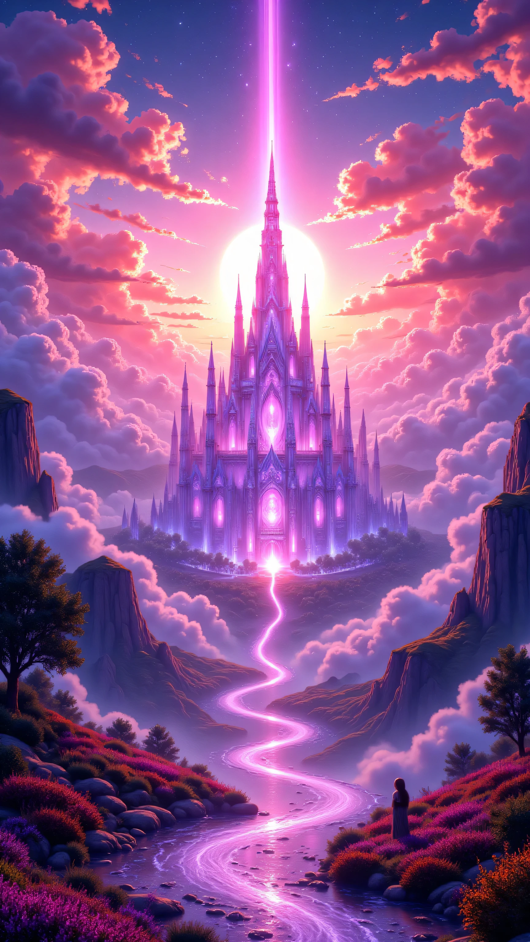fantastic anime-style fantasy landscape scenery, dream-kissed majestic ecstasy looking at the glorified horizon where a celestial crystalized/crystalline palace is glinting whimsically under the rising sun projecting crimson beams into the fractal clouds, plays dramatic light n shadow, magical dream-Core vibrance, deep bold colors, stunning Dreamscape art,