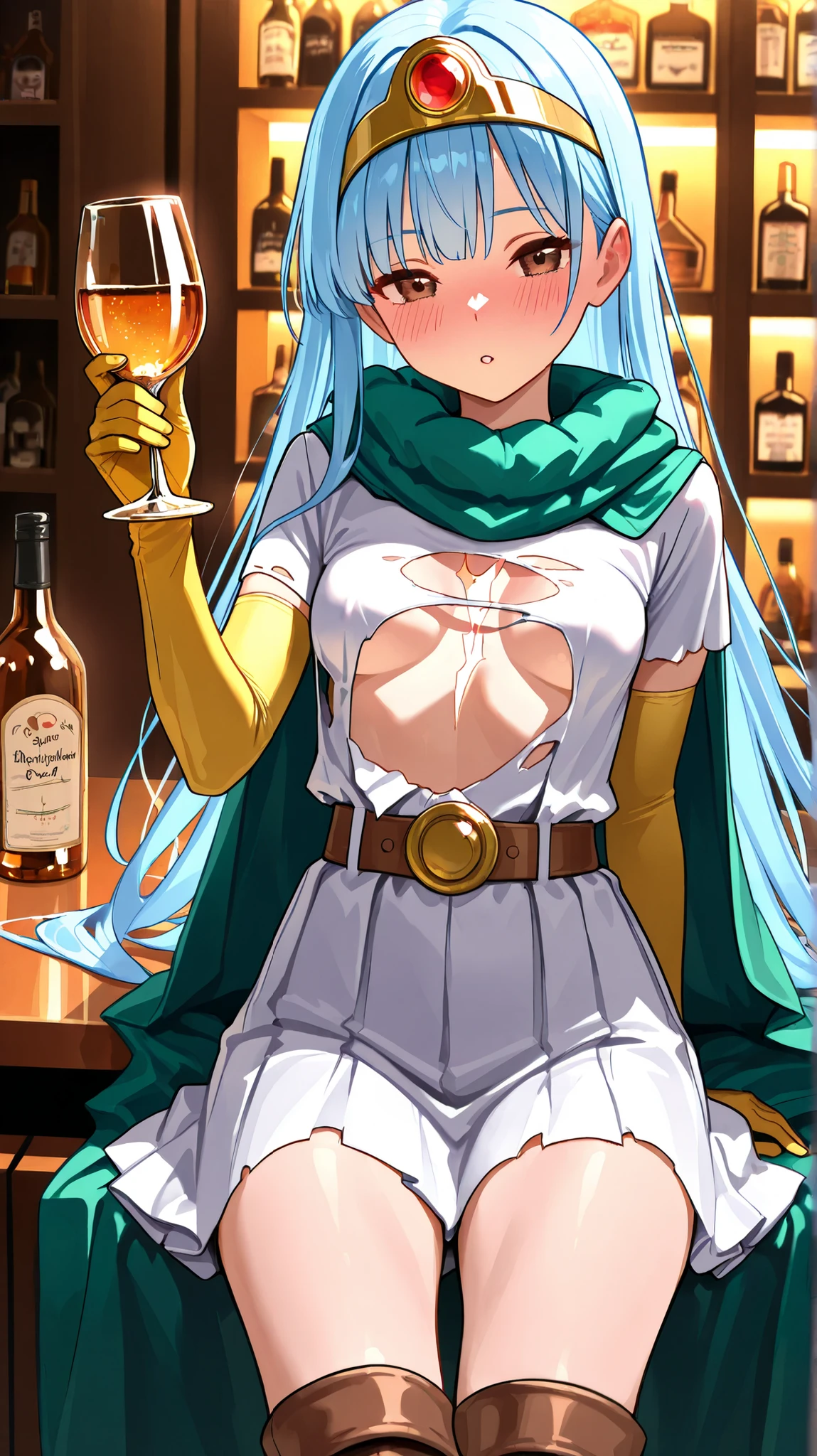 masterpiece、Inside the bar、A beautiful woman is standing next to a building、beautiful eyes、puffy eyes 、Highest Quality, 超High Precision, (reality: 1.4),、Japanese、Super beautiful、beautiful skin,(超reality的)、(High Precision)、(8k)、(very detailed)、(beautiful eyes)、(Super Detailed)、detail face、with office、bright lights lined up in a bar、professional lighting、Oblique bangs、 bright light blue hair 、20 years old、masterpiece, Highest Quality, Super Detailed, Dragon Quest III: Female wise man 、long hair,, simple tiara with red gemstones、 brown eyes,small breasts, Yellow Gloves, white dress, belt,emerald green cape, boots、holding a glass of alcohol in your hand、drinking、I'm drunk、Of the 5 legs、Sleeping at the counter、I'm drunk 、lying face down on the counter 、(torn clothes with shredded across chest:1.5)、