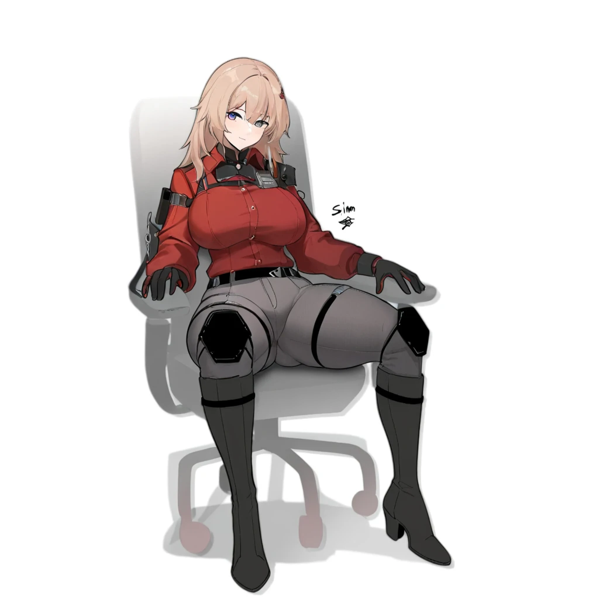 1girl,solo,HDR,high quality, (Girls' Frontline 2 title), (Girls' Frontline: Exilium Female Commander), black gloves, High resolution, grey pants, holster, thighs straps, angle from above, Beautiful Texture, Slender, curvy,((large breasts, slim waist, wide hips, huge ass, thick thighs)), dark office background, knee boots, looking at viewer, pov, hands outreach viewer