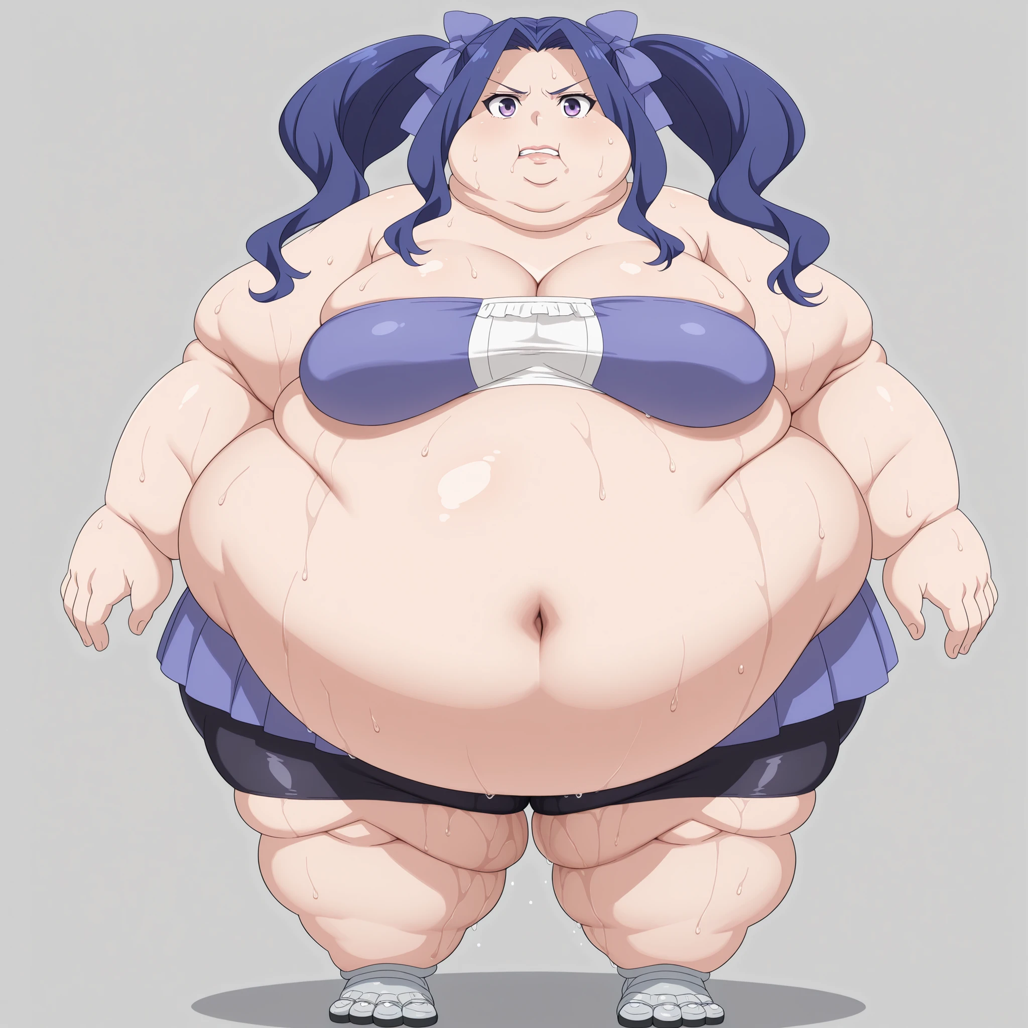 1girl, solo, meltyqm, hair bow, tube top, bike shorts, blank_stare, empty_stare,  fat, chubby, obese, gigantic arms and legs, large breasts, sweating, wet body, swollen face, Fat_neck , Fat head , eyes with crushed cheeks , nose with crushed cheeks , mouth with crushed cheeks , chin roll,
only head, large head, oversized limbs, large hands, large feet, oversized feet, oversized fingers, big lips, plump lips, fat face, fupa, big fupa, fat fupa, 