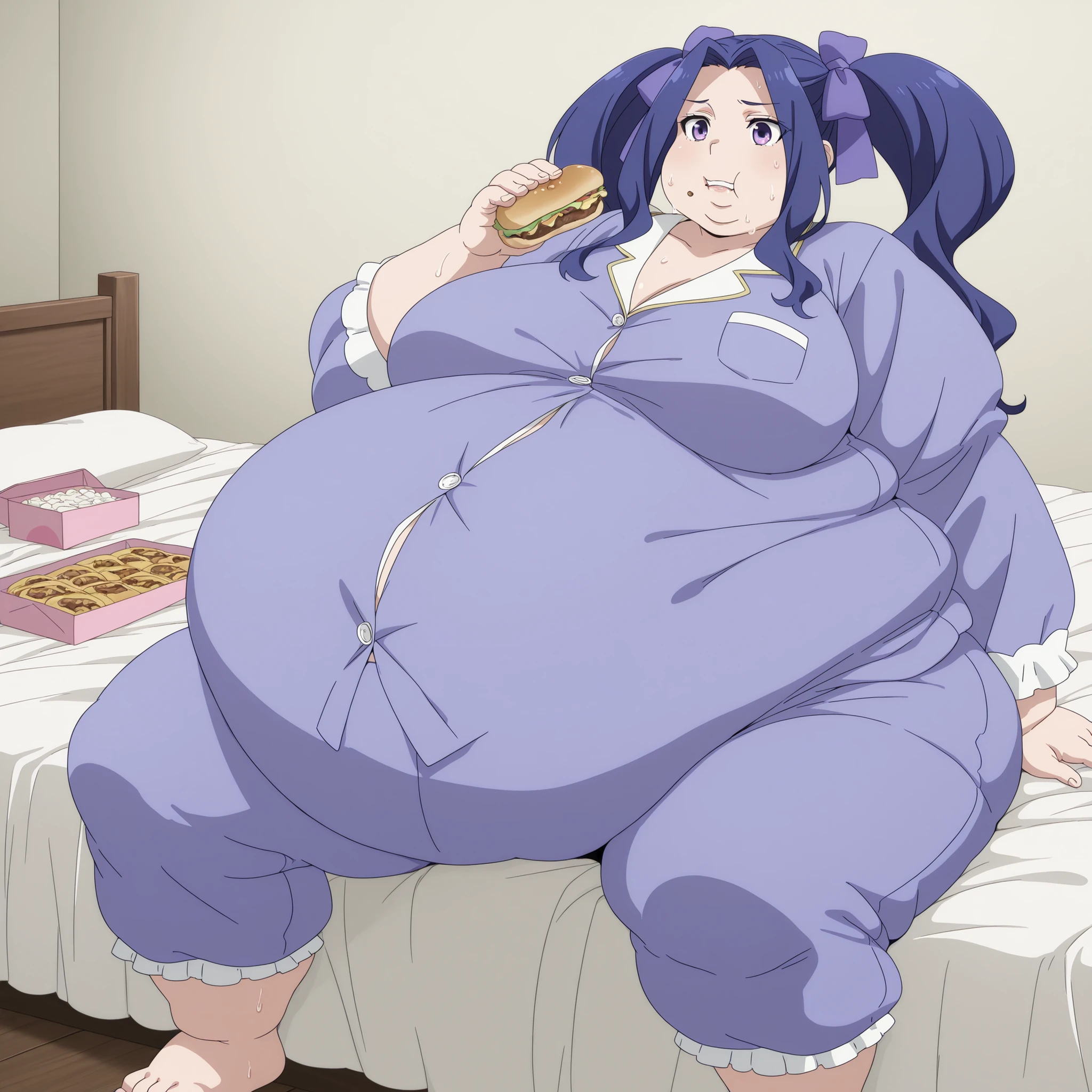 1girl, solo, meltyqm, hair bow, button up pajamas, blank_stare, empty_stare,  fat, chubby, obese, gigantic arms and legs, large breasts, sweating, wet body, swollen face, Fat_neck , Fat head , eyes with crushed cheeks , nose with crushed cheeks , mouth with crushed cheeks , chin roll,
only head, large head, oversized limbs, large hands, large feet, oversized feet, oversized fingers, big lips, plump lips, fat face, fupa, big fupa, fat fupa, sitting on bed, eating food, eating snacks 
