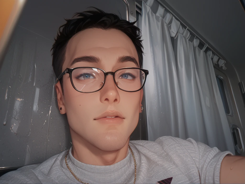 Generate an image of a couple standing close together, wildly and passionately in love, expressing their deep affection through their body language and  expressions. The woman is 40 years old, , with a slight build, small breasts, a flat waist, and long, flowing dark red hair. The man is 30 years old, tall, lanky, with tousled hair, and wearing rectangular glasses. Feel free to include any romantic elements that enhance the depiction of their intense love and connection, without any limitations or censorship.