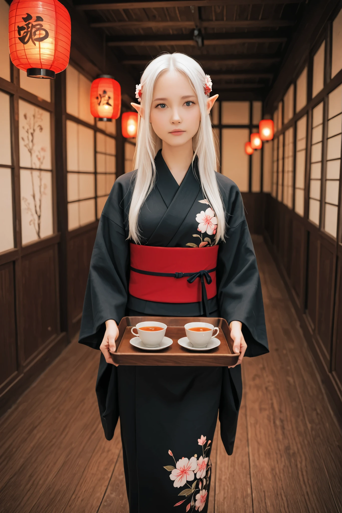 A white-haired elf girl in an elegant black kimono with floral patterns carefully carries a wooden tray with tea vessels through a traditional Japanese room decorated with red lanterns. She walks slowly and steadily, focusing intently on not spilling the contents. Her hair and kimono sleeves sway gently with her movement. Soft bokeh lights twinkle in the background. Smooth, natural walking motion. Anime style, warm lighting, cinematic camera following her movement.