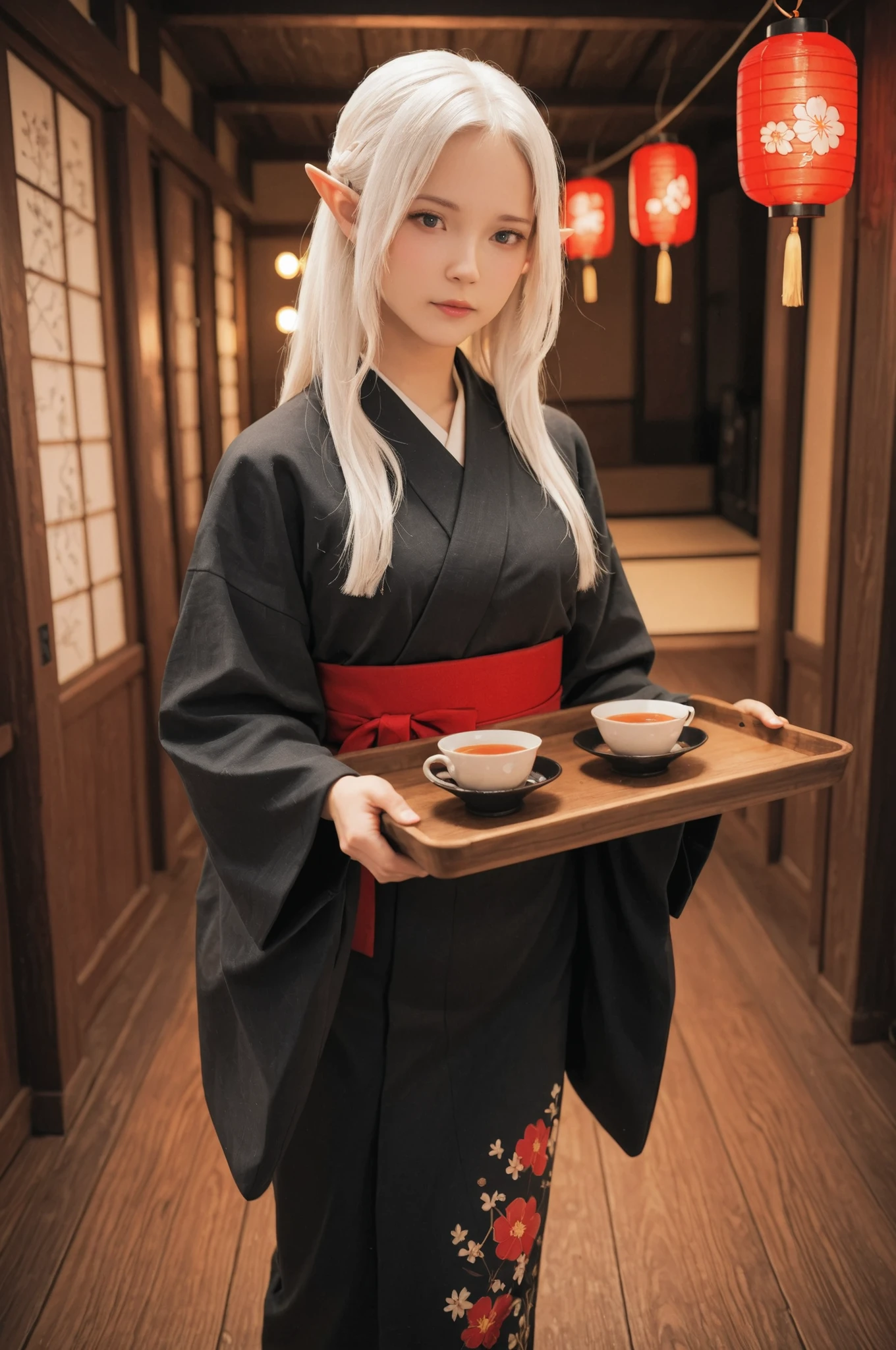 A white-haired elf girl in an elegant black kimono with floral patterns carefully carries a wooden tray with tea vessels through a traditional Japanese room decorated with red lanterns. She walks slowly and steadily, focusing intently on not spilling the contents. Her hair and kimono sleeves sway gently with her movement. Soft bokeh lights twinkle in the background. Smooth, natural walking motion. Anime style, warm lighting, cinematic camera following her movement.