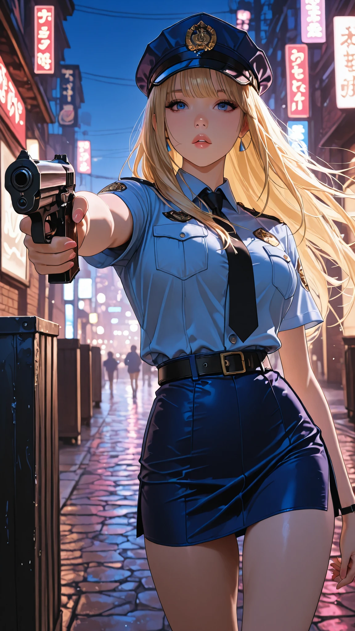 1 female、American Beauty、Super beautiful、facial beauty、blue eyes、full of personality、New York Police Uniform、miniskirt、golden hair、Night Street、Backlighting、wind is blowing that can be flipped slightly、that's It's raining、he's staring intently at the barrel.、Sci Up Shot、Pointing Pistol