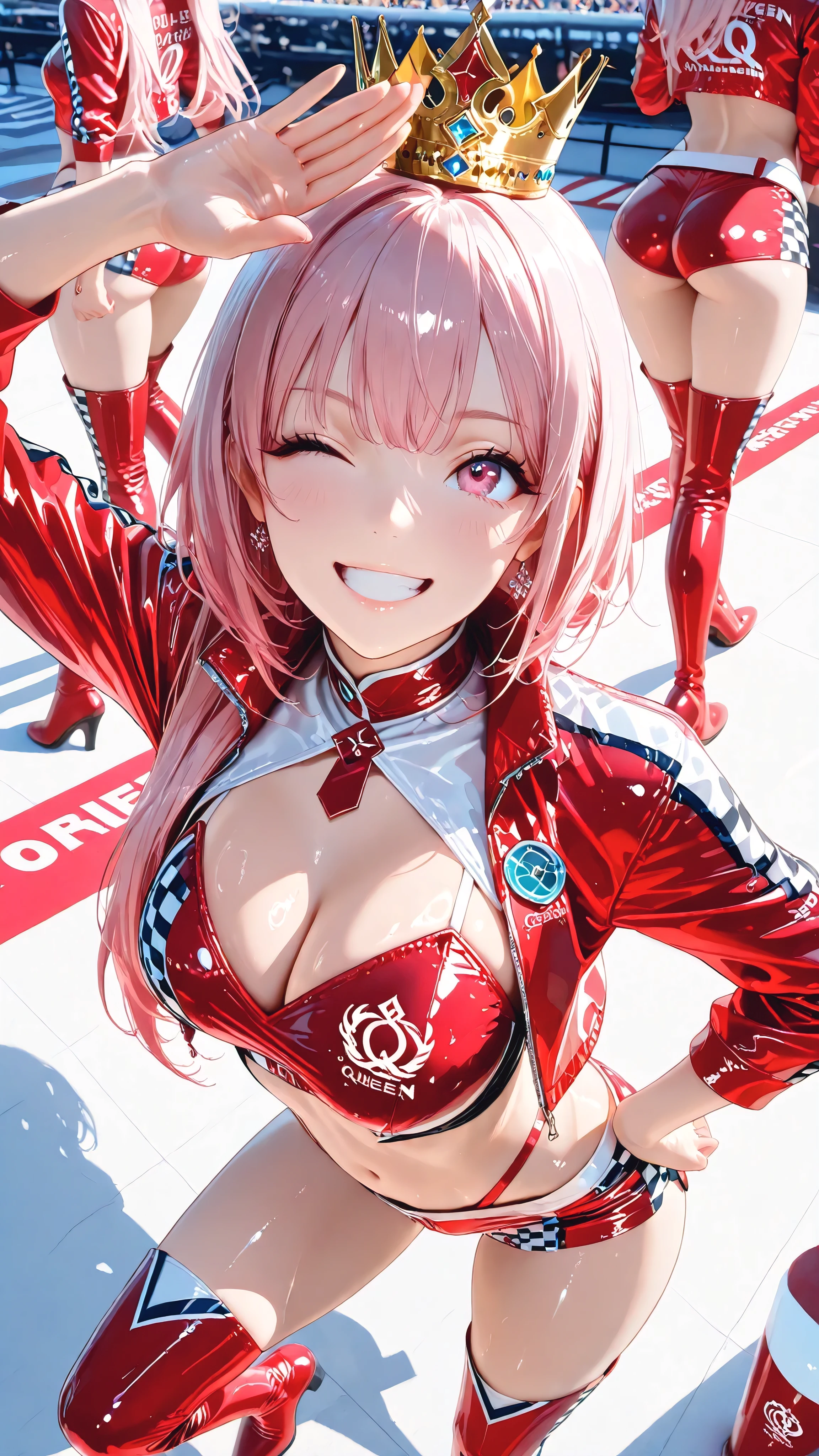 ((Ultra-detail, 8K, highest quality, masterpiece, bird’s-eye view, glossy skin, cute girls)), 3girls, stylish race queens, jewelry eyes, glamorous and confident, no crown,
Girl 1 (Blue Queen): pastel pink hair, blue race queen outfit with micro shorts, sitting casually on the ground, looking up with a playful wink.
Girl 2 (Red Queen): silver long hair, glossy red outfit with thigh-high boots, standing proudly with one hand on her hip, looking up with a confident smile.
Girl 3 (Yellow Queen): golden blonde short hair, yellow race queen outfit with mini skirt, both arms raised high in a lively cheer pose, energetic smile, looking upward.
background: simple white floor, soft shadows, minimal environment, focus entirely on the characters