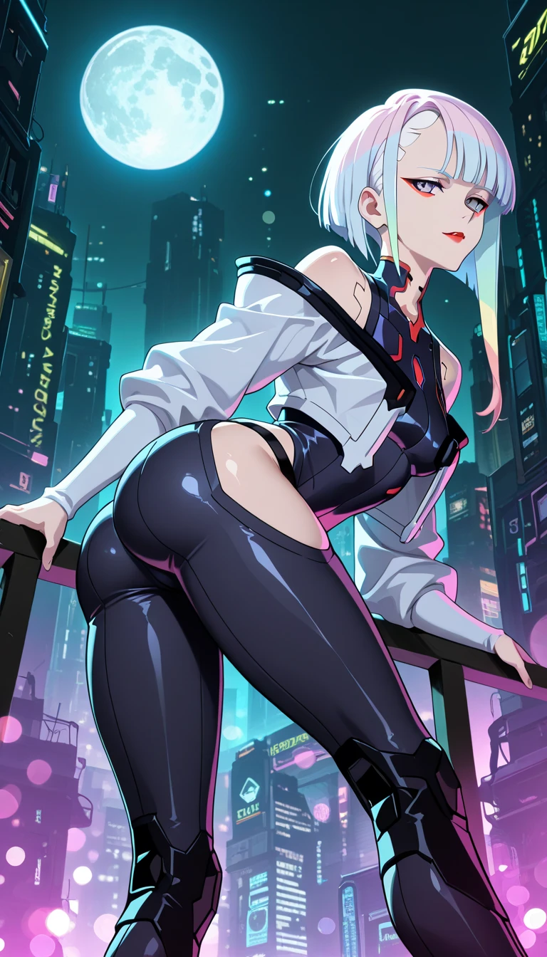 ciberpunk, outer space, That's incredible, Panoramic view, view of the moon in space, facing the viewer, , beautiful , reaches forward, Standing in front of the camera, Bar Counter, lunar station, Holds out his hand, reaches for the camera, Room, Night Landscape, lunar station, space room, leans forward, Slender figure, Skinny girl, Standing at the window, Frame from above, 1girl, black stockings, leather stockings, Full-length (Body Full 1.1.), Beautiful figure, , nice feet, shapely legs, Lucy \(ciberpunk\),  shoulders, Cyan eyes, , bathing suit, looks at the viewer, Average , Off-the-shoulder jacket, off-the-shoulder, Red Eyeliner, Short Hair Hair, high neck sleeveless swimsuit, solo, High-neck swimsuit, white colored hair, Very detailed. stands on the edge of the roof, gloomy composition, The Gloomy Room, gloomy atmosphere ((tmasterpiece))