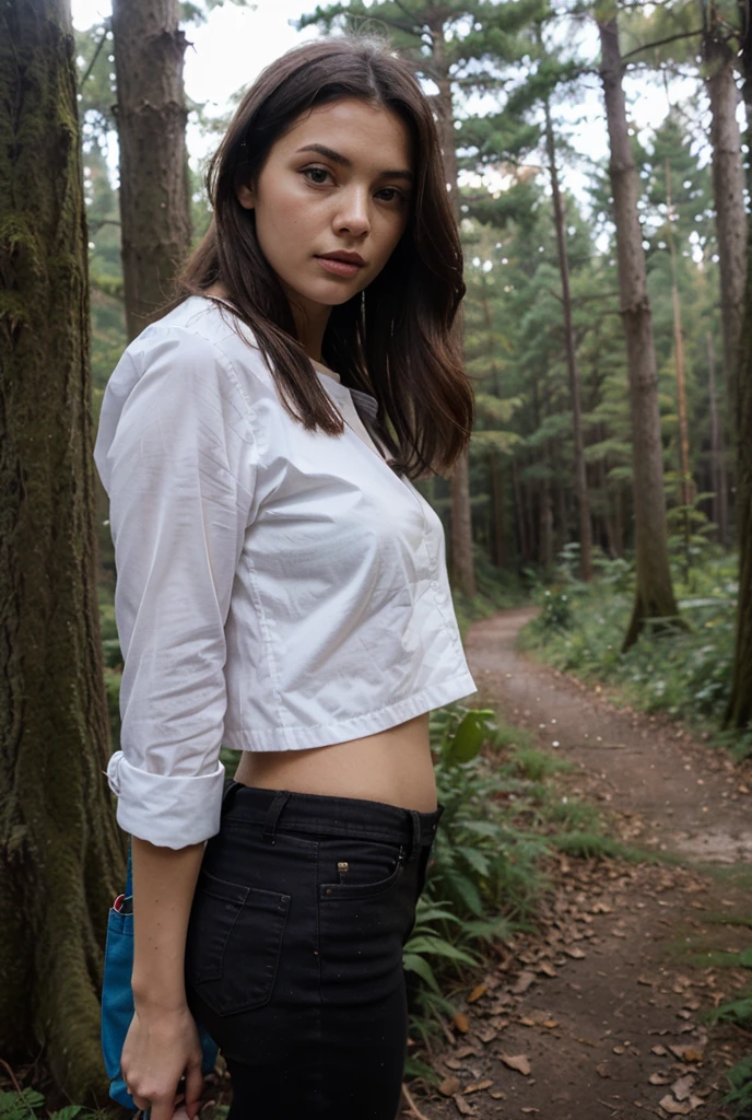 1girl in, 30 years old, Square face, Long hair, Looking at viewer, jewelry, Reality, Sexy, Short skirt outfit, , forest background, free pose