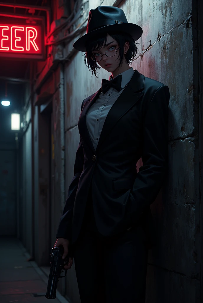 a woman in formal wear , half-open black shirt and black pants,Black hair with a short fringe on the forehead with a look of revenge . Holding a pistol in your hand .Somewhat dark night weather