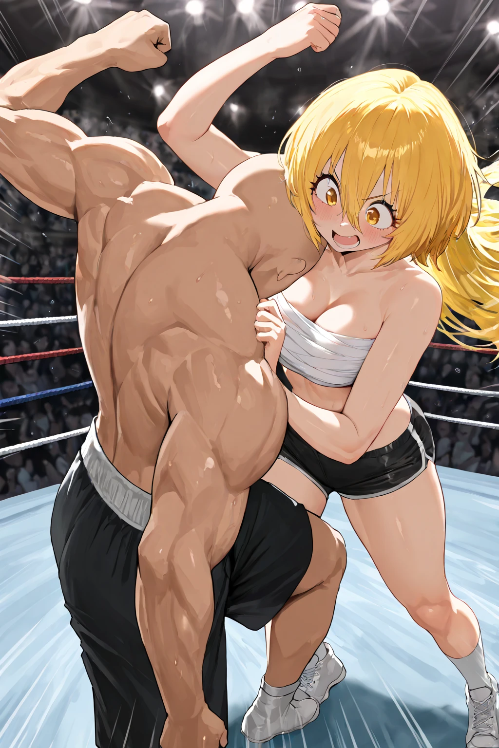 score_9, score_8_up, score_7_up, source_cartoon,takeda hiromitsu style, (1muscular girl)and(1shota boy,short stature)),hetero,(1muscular girl:1.4),(long hair, french braid),straight hair, (blonde hair), light blue eyes, (), pale skin,shiny skin, (rolling eyes:1.4),(ahegao),(trembling), erectile , ((She wears pink sports bra,white leggings)),  in pussy,(cum on clothes:1.4),  on body,cum in mouth,cum on hair,excessive , (1shota boy,short stature:1.4),large penis,blonde hair, ((((hug )))),  , standing , ((((motion lines)))), vulgarity,(wrestling ring), (masterpiece,best quality:1.3),(ultra-detailed,high resolution:1.2),

