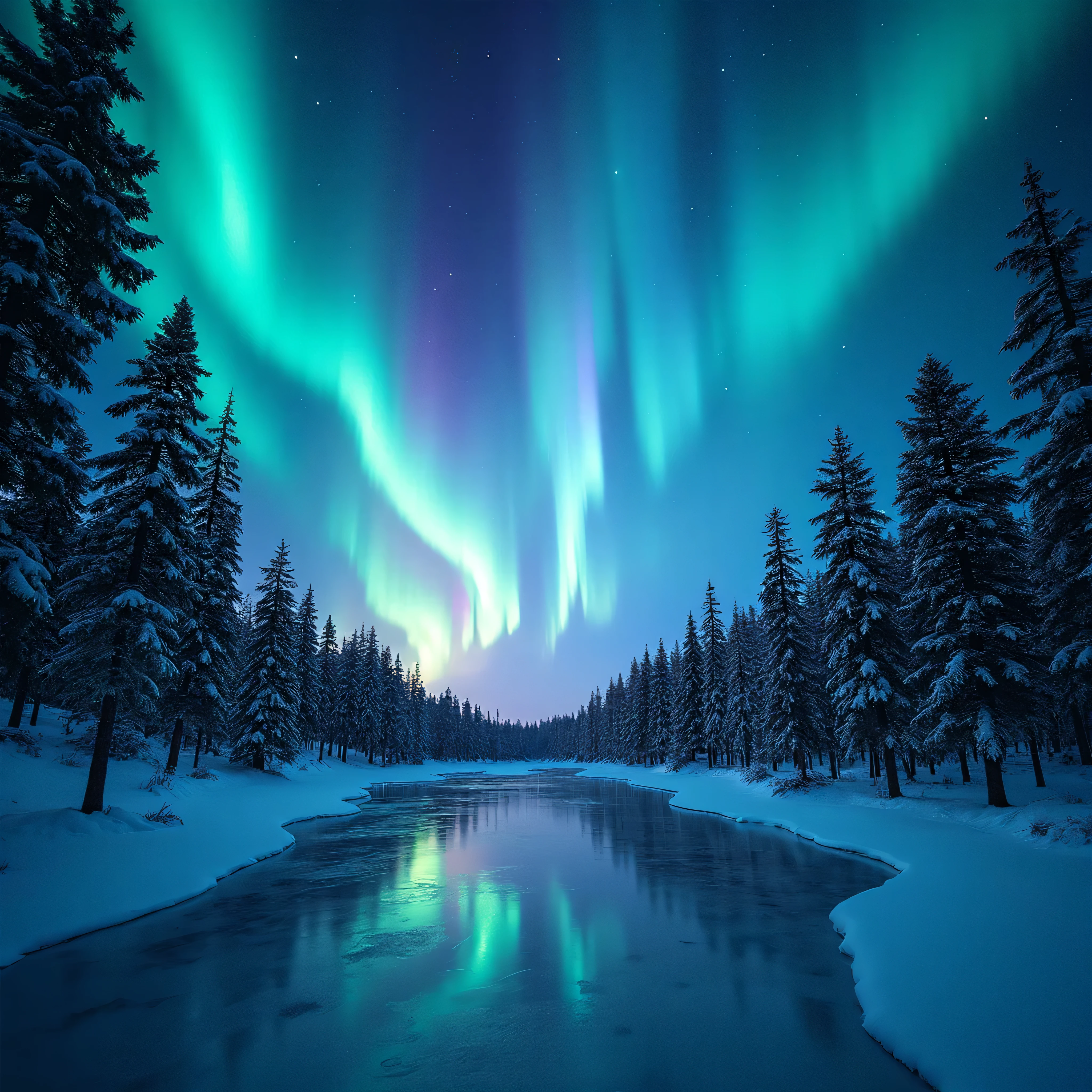 Night timelapse of northern lights dancing over snowy pine forest ...