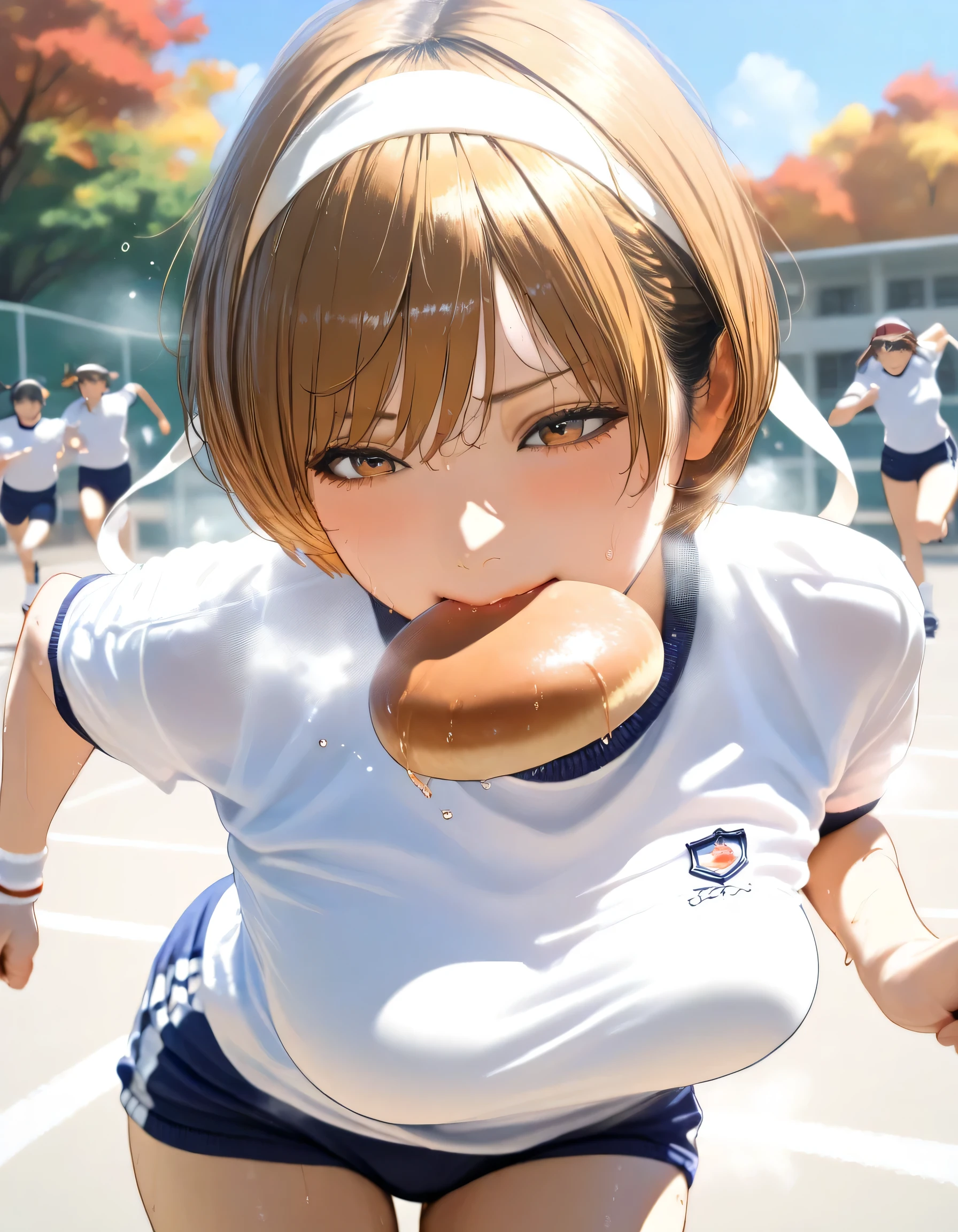 1girl, satonaka chie, soft on demand, cowboy shot, from front, autumn, Sports day, schoolyard, gym clothes, headband, bent over, running, bouncing breasts, Holding an anpan in her mouth, sweat, steam, 16k, Ultra detailed, (realistic, photorealistic : 0.8), masterpiece, high score, great score, absurdres