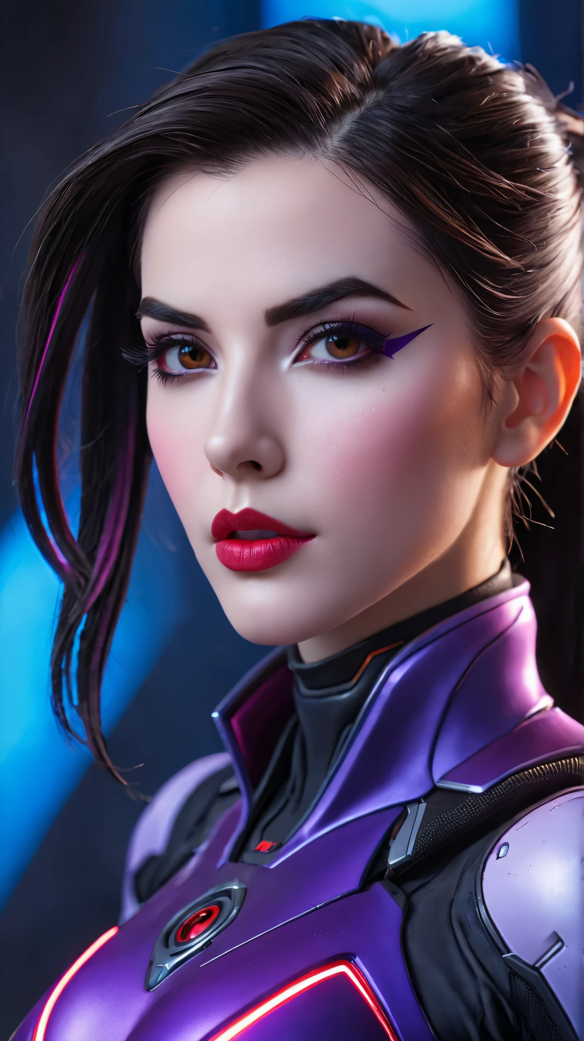 a cute girl, widowmaker, overwatch, (portrait, close up:1.2), in futuristic suit, sexy lips, long hair, looking at viewer, modelshoot style, complex background, perfect lighting, volumetric lighting, internal glow, Best Quality, 8k, UHD realistic, detailed, textured, skin, hair, eyes, by Alex Huguet, Mike Hill, Ian Spriggs, JaeCheol Park, Marek Denko
