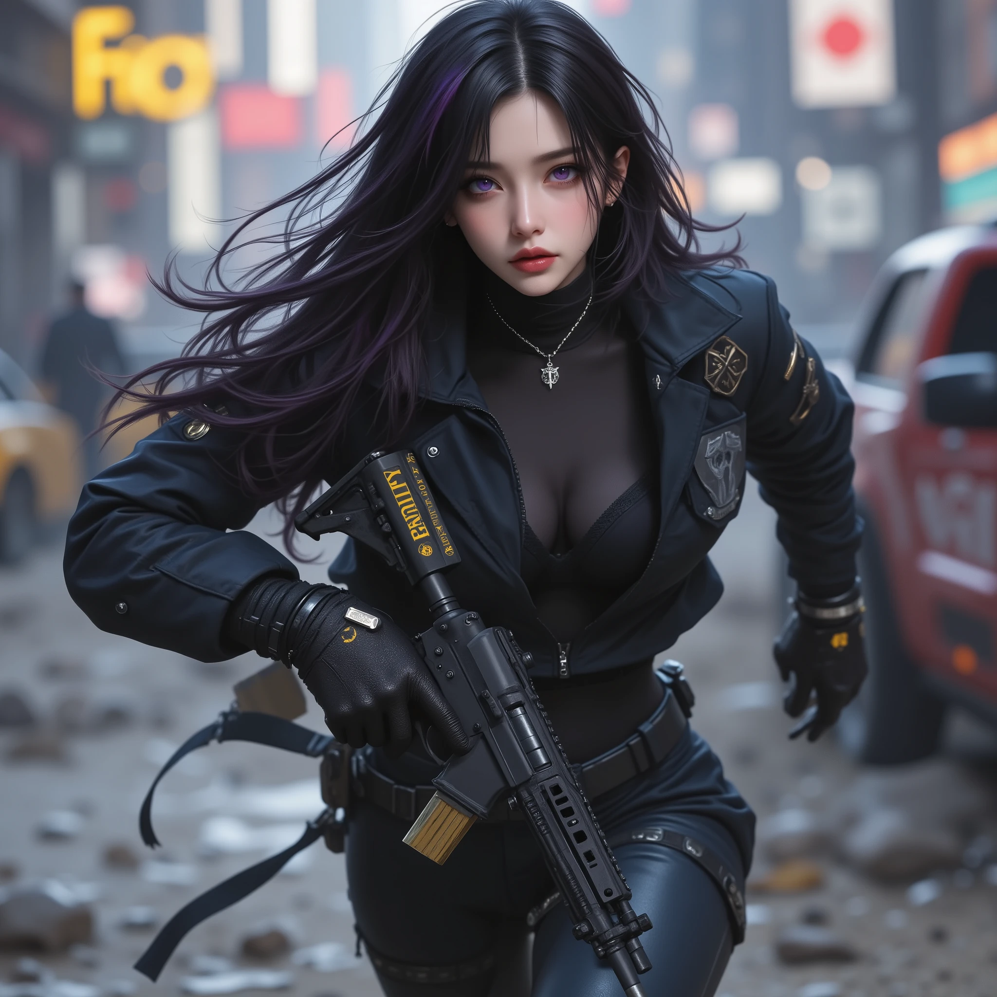 Photorealistic、Realistic Skin Textures、gun、extremely tight cyberpunk suit、beautiful long hair、dim cyberpunk city、Beautiful Thin Violet Eyes、Black hair with slightly purple tips、gun撃戦、Run at full speed with an assault rifle from behind a destroyed car