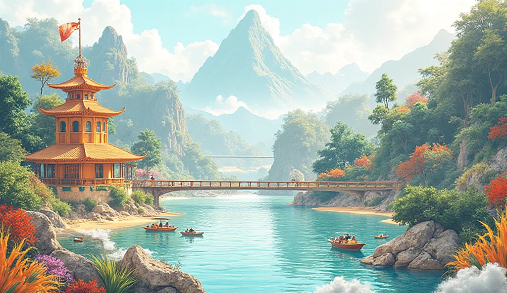 painting of a beautiful landscape with a lake and a pagoda, palace background, Lake background, Anime background art, beautiful lake background, background artwork, a temple background, port scene background, royal garden background, arte de fundo, light kingdom backdrop, anime backgrounds, Dawn background, golden hour background, Detailed scenery —width 672, renaissance port city background, ballroom background