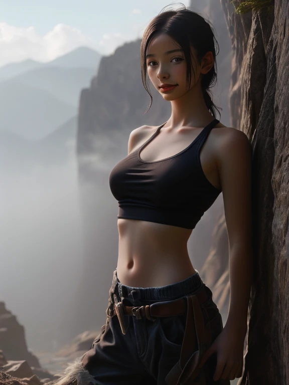 best quality, super fine, 8k, game, tomb raider, beautiful lara croft, crop tank-top, costume, abs, equipment, cliff, mountain path, valley floor, river, landscape