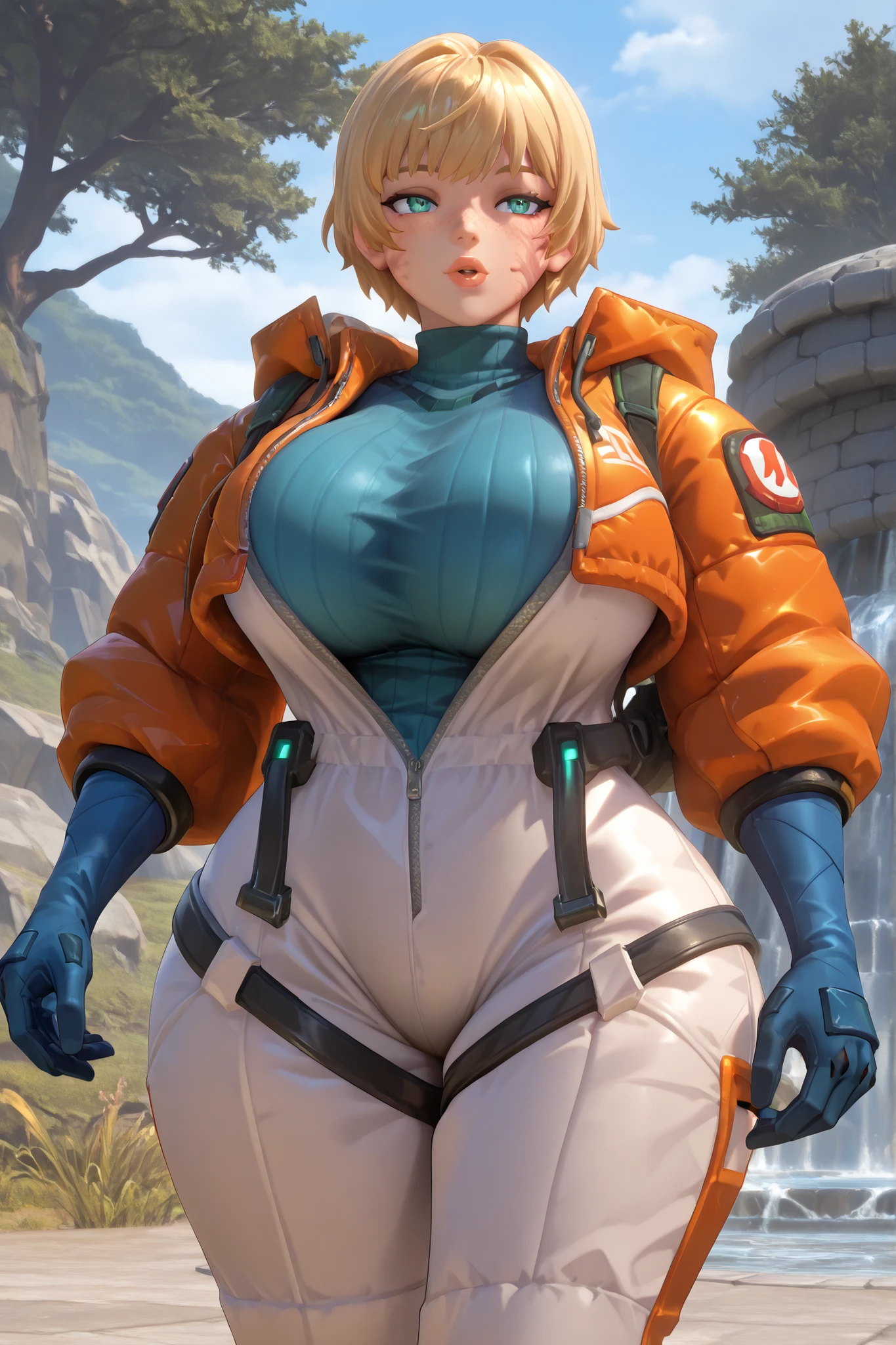 dzooworks style, 3d, apxwattsn, freckles, bangs, short hair, blonde hair, teal eyes, scar, scar on face, scar on cheek, burn scar, hood, jacket, orange jacket, puffy jacket, cropped jacket, white jumpsuit, blue gloves, score_9, score_8_up, score_7_up, source_anime, (beautiful, detailed background, digital artwork, digital art, well shaded artwork, depth, detailed artwork)1.2, 1girl, female, lidded eyes, massive lips, ((gigantic breasts)), wide hips, ((gigantic thighs)), closeup++, facing viewer, blue turtleneck, ribbed top front view