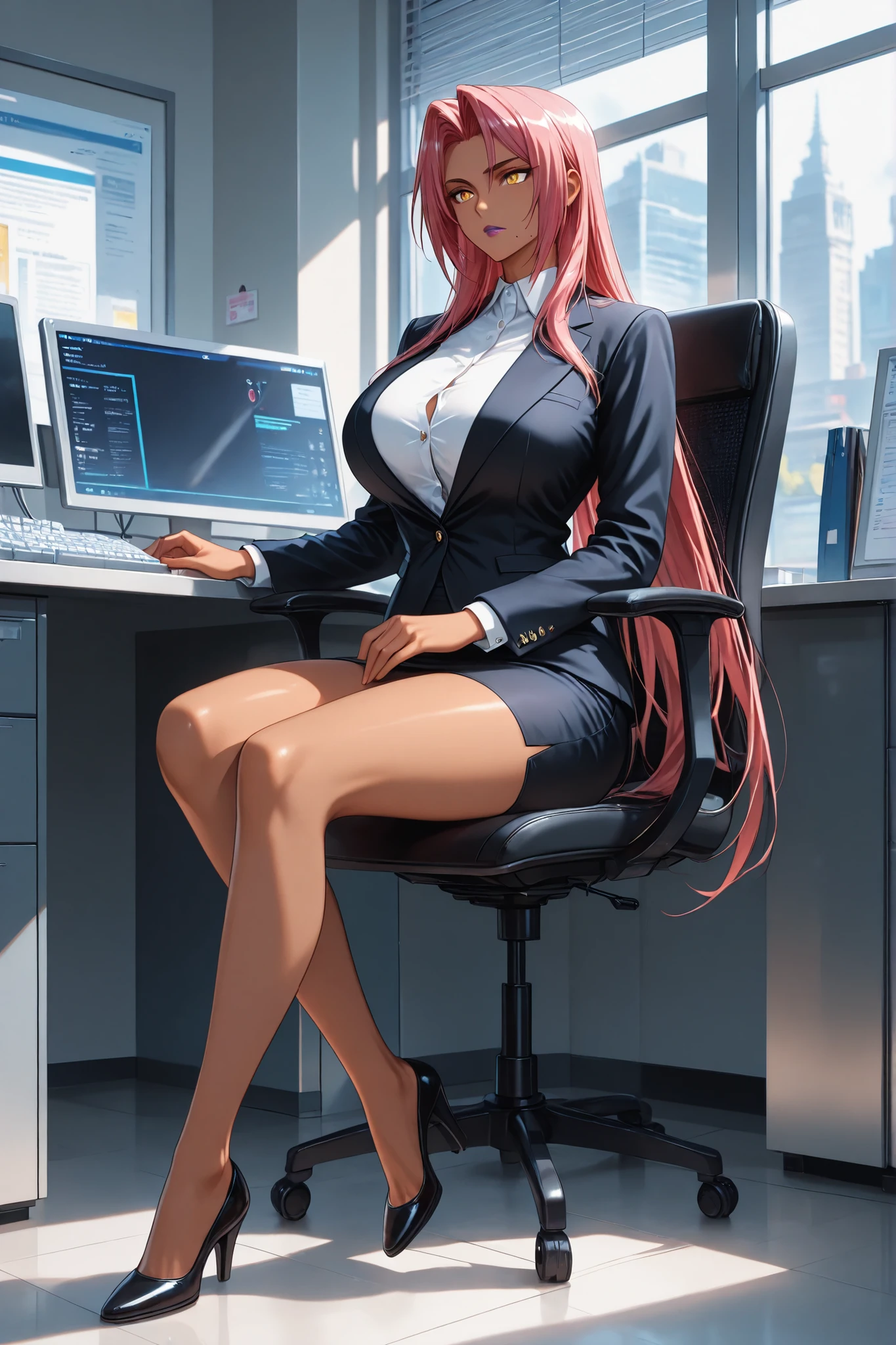 ingrid \(taimanin murasaki\), 1girl, solo, mature female, dark-skinned female, pink hair, long hair, hair intakes, sidelocks, purple lips, mole under mouth, yellow eyes, high definition eyes, detailed eyes, high gradient eyes, eyesHD, Makai Kishi, black blazer, white shirt with buttons strictly buttoned up, pencil skirt, black miniskirt, full body view, the girl is very beautiful, the girl has an incredibly beautiful face, detailed skin image. Day, business office, the girl is elegant sitting on a chair with one her leg on another in the middle of the office, surrounded by office desks and office supplies, computers, keyboards, and chairs. The sun shines through the window, highlighting the girl's incredible beauty, top quality, good quality, proper lighting, proper shadows, extremely detailed CG unity 8k wallpaper, perfect lighting, colorful, ultra-high resolution, detailed background, masterpiece, top quality, (masterpiece, detailed:1.2)