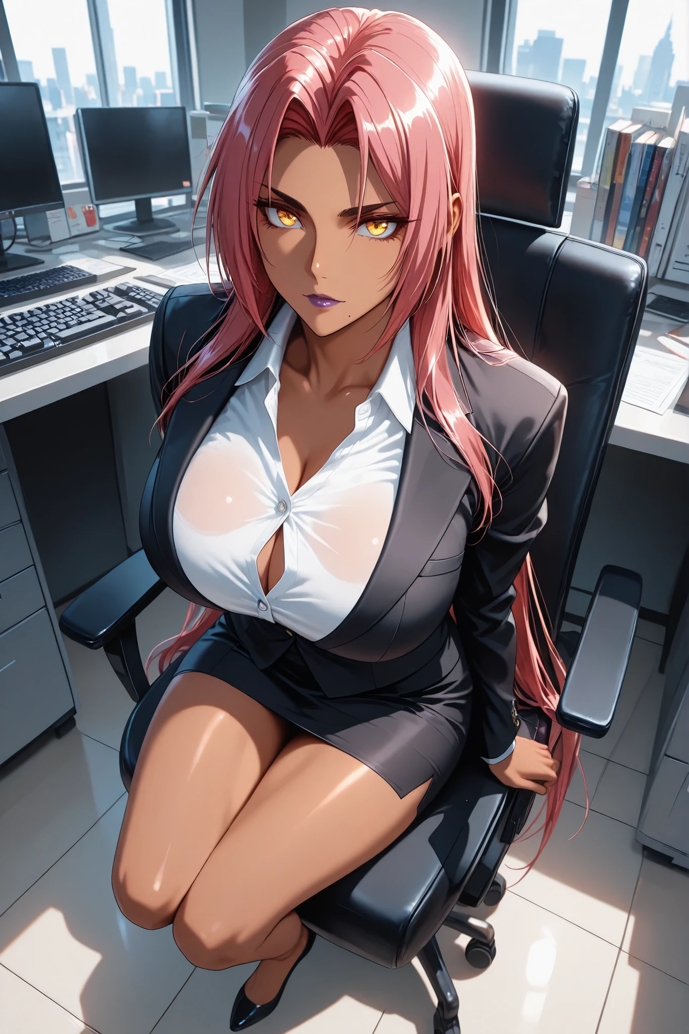 ingrid \(taimanin murasaki\), 1girl, solo, mature female, dark-skinned female, pink hair, long hair, hair intakes, sidelocks, purple lips, mole under mouth, yellow eyes, high definition eyes, detailed eyes, high gradient eyes, eyesHD, Makai Kishi, black blazer, white shirt with buttons strictly buttoned up, pencil skirt, black miniskirt, full body view, the girl is very beautiful, the girl has an incredibly beautiful face, detailed skin image. Day, business office, the girl is elegant sitting on a chair with one her leg on another in the middle of the office, surrounded by office desks and office supplies, computers, keyboards, and chairs. The sun shines through the window, highlighting the girl's incredible beauty, top quality, good quality, proper lighting, proper shadows, extremely detailed CG unity 8k wallpaper, perfect lighting, colorful, ultra-high resolution, detailed background, masterpiece, top quality, (masterpiece, detailed:1.2)