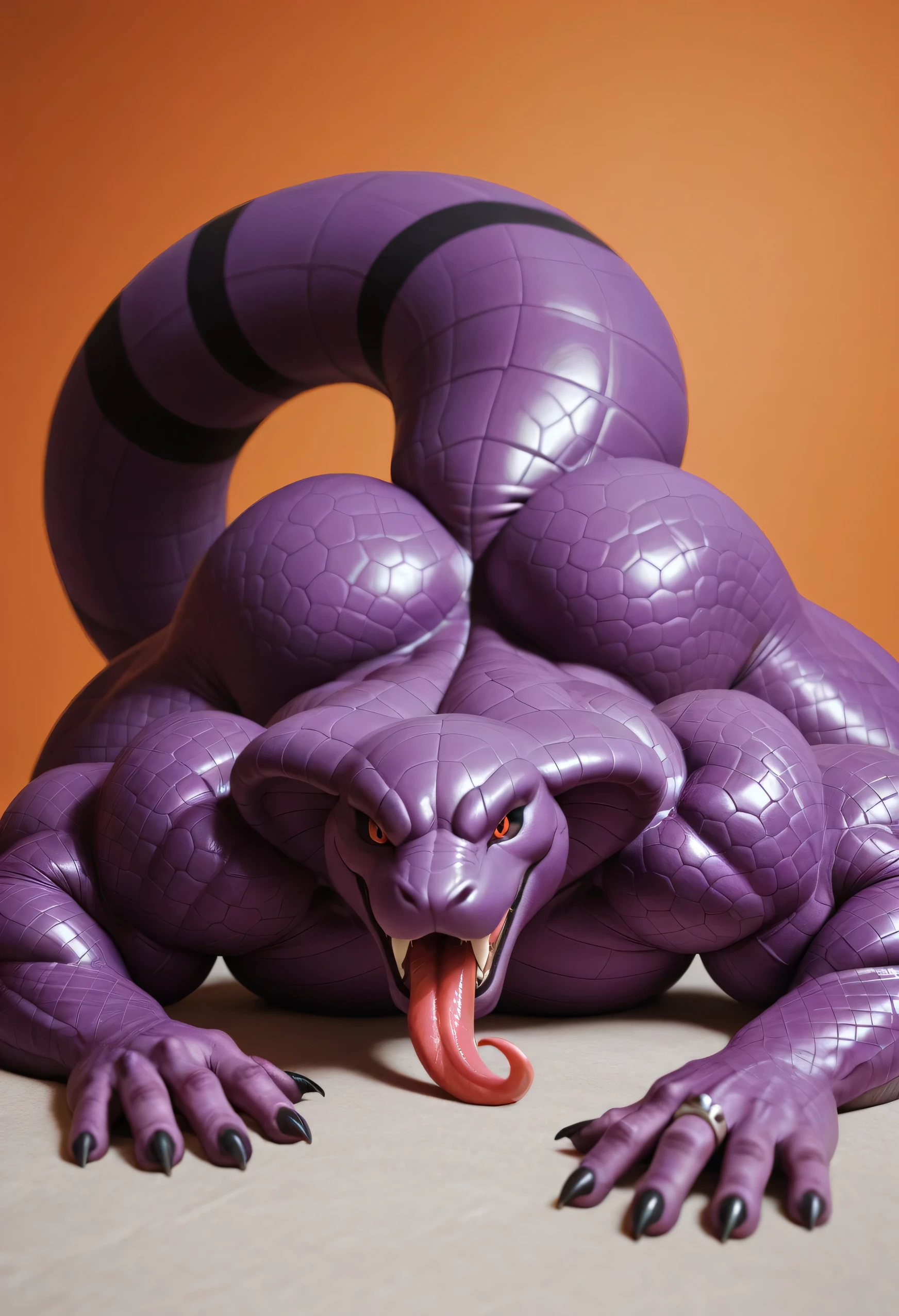 masterpiece, best quality, amazing quality, high quality, semi realistic, furry, 1boy, Arbok from Pokémon:1.5, Purple body, glossy purple scales:1.5, scales detail:1.5, hyper veiny muscle:1.6, Arbok cobra hood:1.5, flared cobra hood:1.5, displays a menacing red-and-black 'angry face' pattern:1.5, a long forked tongue:1.5. Lower body tapers into a strong tail:1.5, Detail Bright Fierce red eyes:1.4, Black Sclera:1.4, topless, naked, muscular butt, Nipple Piercings, piercings, eyebrow piercings, nose piercings, rings, flesh-toned palms:1.5, 5 fingers:1.5, black claws, human feet, 5 toes:1.5, flesh-toned soles:1.5, huge size 45 feet:1.5, 10 feet tall. simple background, solo, lying on stomach:1.5, facing forward:1.5, front view:1.5, hand on his own cheek, focus face, close up face, smug smirk