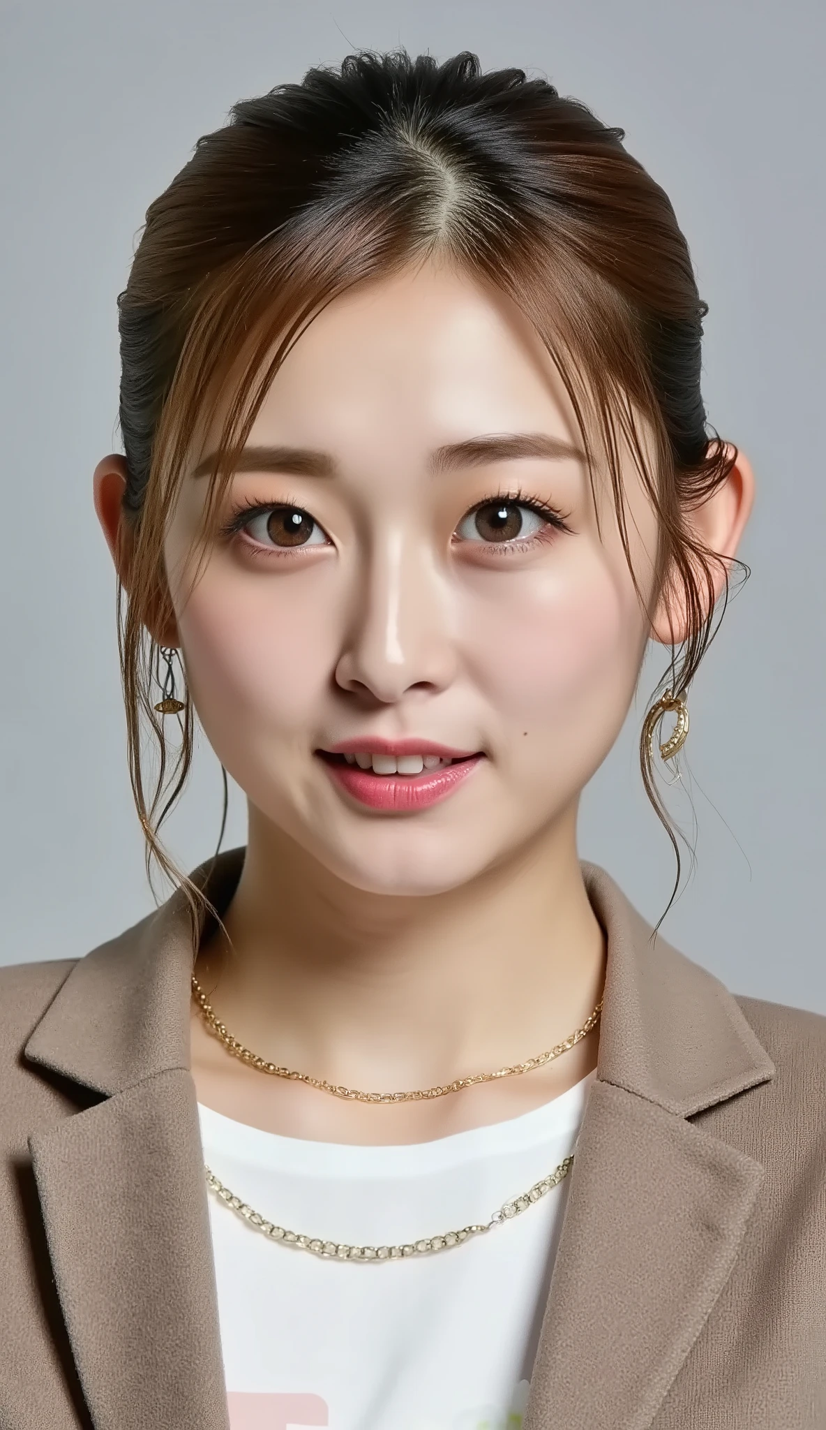 Neat Young Woman、looking at the camera、office lady suit、jacket、shirt、Ear piercings、 、黒髪、無表情、口を閉じている、face close-up、The background is office