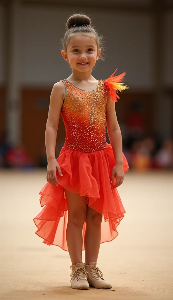 ((((8k))),((Extremely meticulous CG)) ,(wallpaper),16k,((Extremely refined and beautiful))，(((Masterpiece))),(((best qualtiy))),(((Ultra High Resolution))),beautiful light up,Perfect lightning,realistic shaded,[A high resolution],(Smooth and flawless fair skin:1.5),(pale skin:1.3),Extremely exquisite facial details,(perfect body:1.1),ultra-detailed,(a little girl,child),(7 years old:1.5),solo,small head,(bun:1.1),small face,Exquisite makeup,slim,thin,happy,(Smile:1.2),(exquisite embroidered red figure skating dress short skirt:1.3),Skirt flying,(slender legs:1.2),(round hips,sharply hips),underwear,(stockings:1.1),(ice-skates:1.2),(day scene:1.5),indoor,(In a spacious sports stadium:1.3),(Many spectators are in the stands:1.3),(On the skating rink:1.3),(detailed background:1.5),(Skating:1.3),(Dancing:1.3),(Dynamic pose:1.2),(upper body:1.3),(from front:1.3),bright light