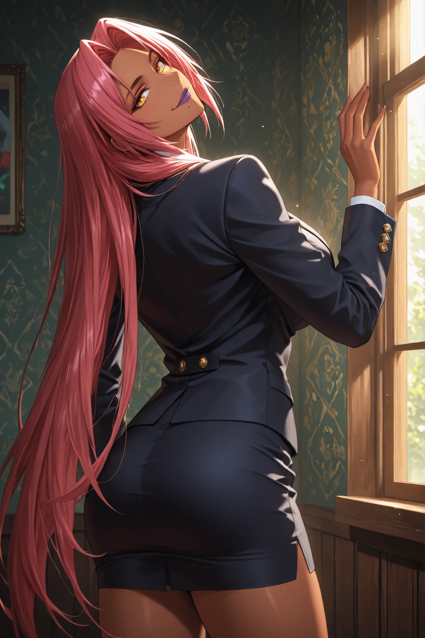 ingrid \(taimanin murasaki\), 1girl, solo, mature female, dark-skinned female, pink hair, long hair, hair intakes, sidelocks, purple lips, mole under mouth, yellow eyes, detailed eyes, Makai Kishi, black blazer, white shirt with buttons strictly buttoned up, pencil skirt, black miniskirt, shaft look, looking back, from behind, head tilt, the girl is very beautiful, the girl has an incredibly beautiful face, detailed skin image. A day, a cozy apartment, a girl by the window, smiling very sweetly and looking at the viewer with tenderness. The sun shines through the window, highlighting the girl's incredible beauty, top quality, good quality, proper lighting, proper shadows, extremely detailed CG unity 8k wallpaper, perfect lighting, colorful, ultra-high resolution, detailed background, masterpiece, top quality, (masterpiece, detailed:1.2)